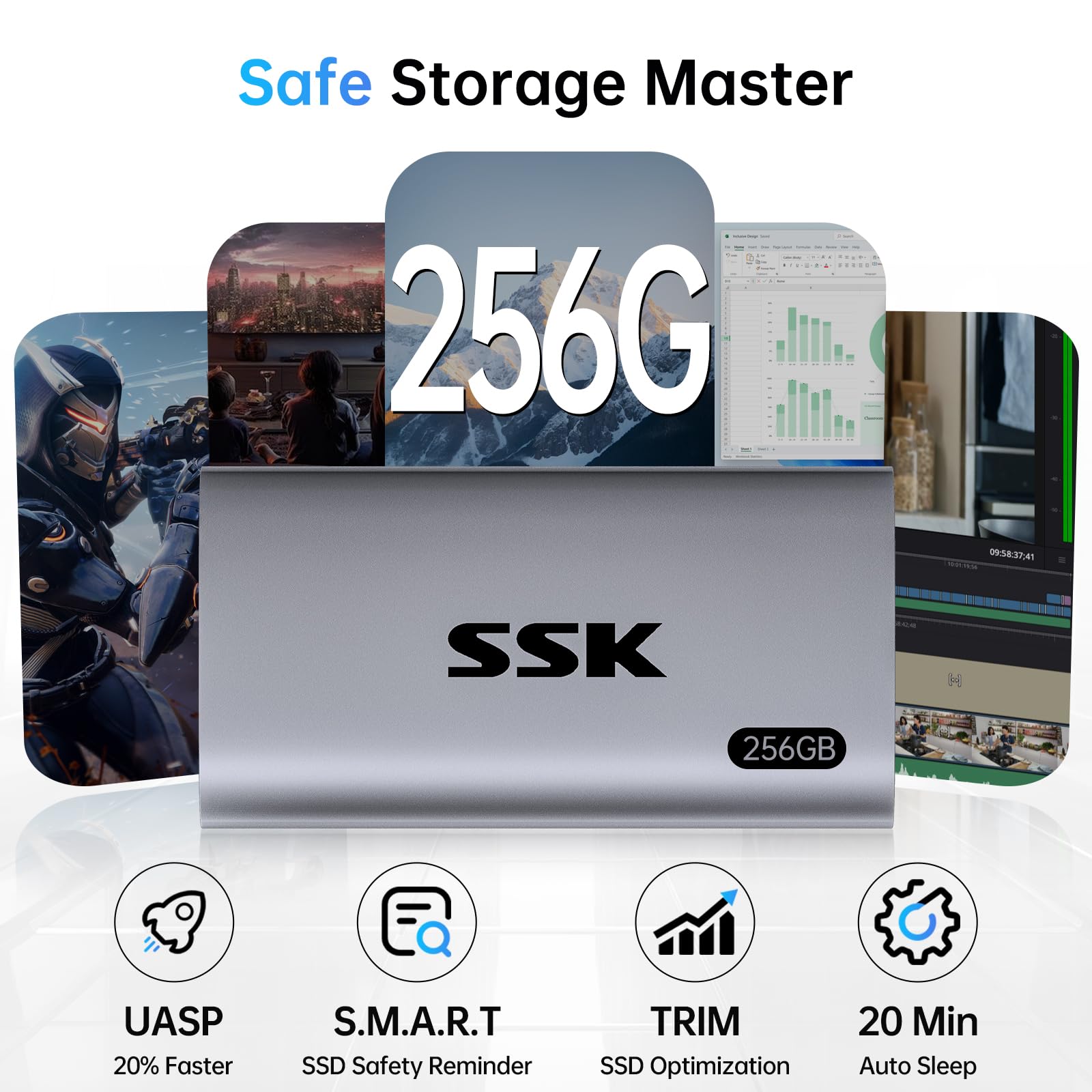 Disco Duro Externo SSK Negro SSD de 256 GB con Luz LED para iPhone 15/Pro, Windows, Mac y Android