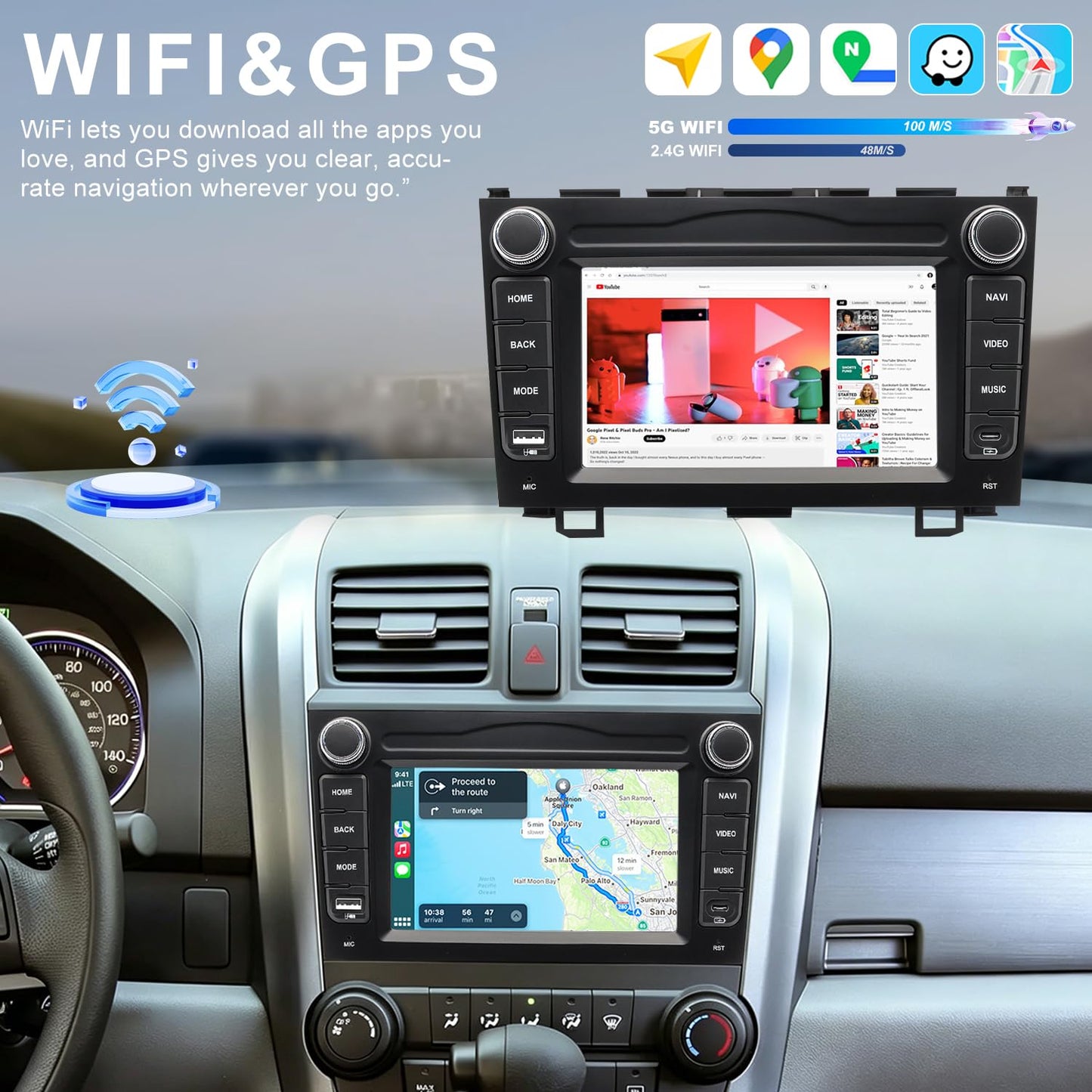 Radio de coche Android 5G WiFi para Honda CRV 2007 2008 2009 2010 2011, unidad principal de visualización táctil de 7 pulgadas con cámara inalámbrica Apple Carplay Android Auto GPS de navegación FM