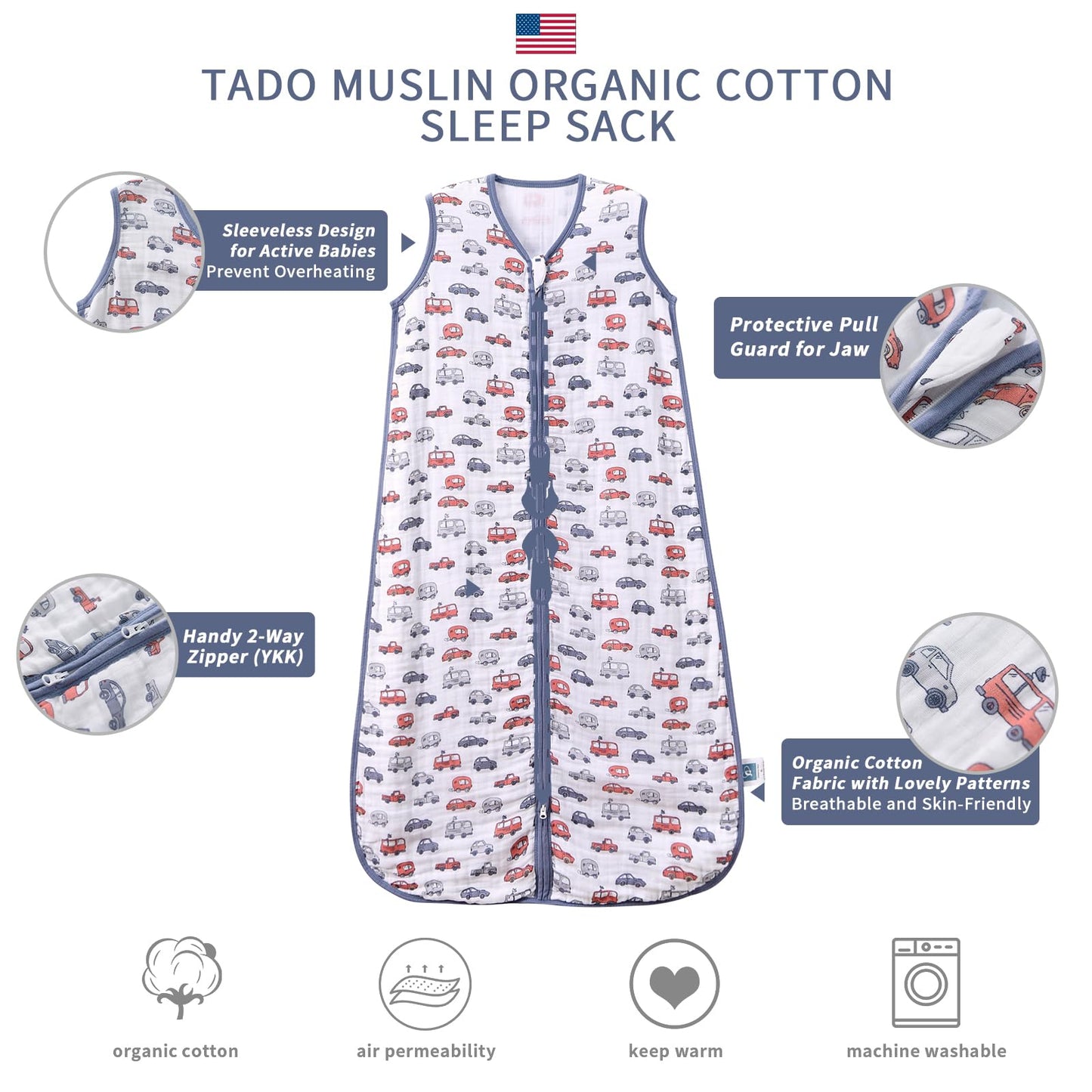 TADO MUSLIN - Saco de dormir para bebé de 2 a 4 T, manta portátil para bebé, 100% algodón orgánico, 0.5 TOG, sacos de dormir para niños pequeños, cierre YKK de 2 vías, suave, 4 capas, muselina, 2T, 3T