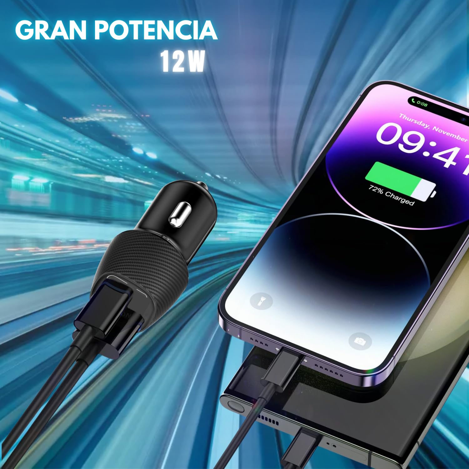 AEK CYBER Cargador de Auto USB y C, Cargador mechero, Puerto USB + C, Adptador Compatible con Telefonos moviles, Tablets, GPS, Audifonos, Dispositivos Portatiles (GA01UNDQ)