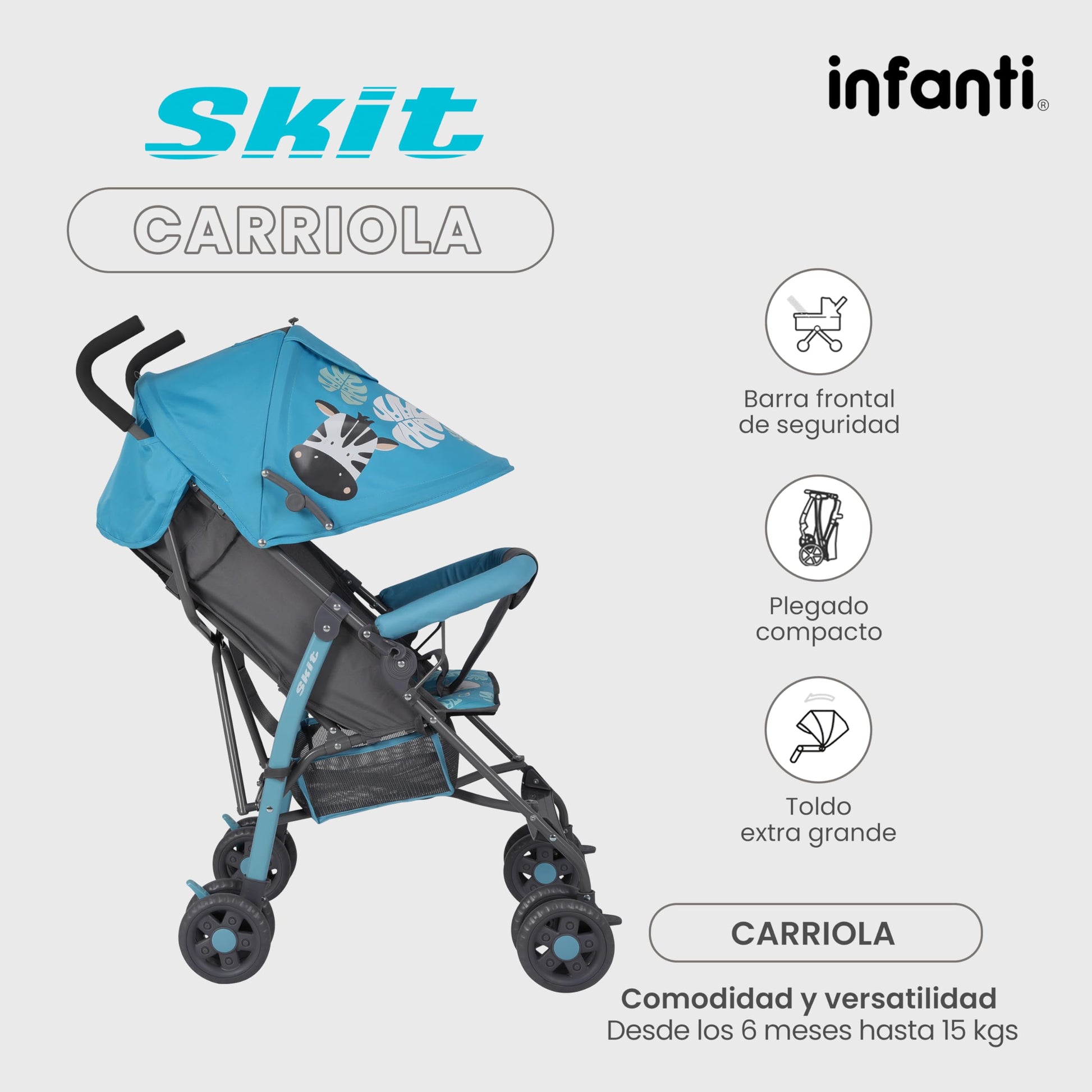 INFANTI | Carriola para Bebe de Baston SKIT | Carriola de Viaje - Carrito para Bebe | Cosas para Bebes 6 Meses hasta 15 kg - Compacta y Plegable | Carriola de Baston Ligera con Arnés de Seguridad