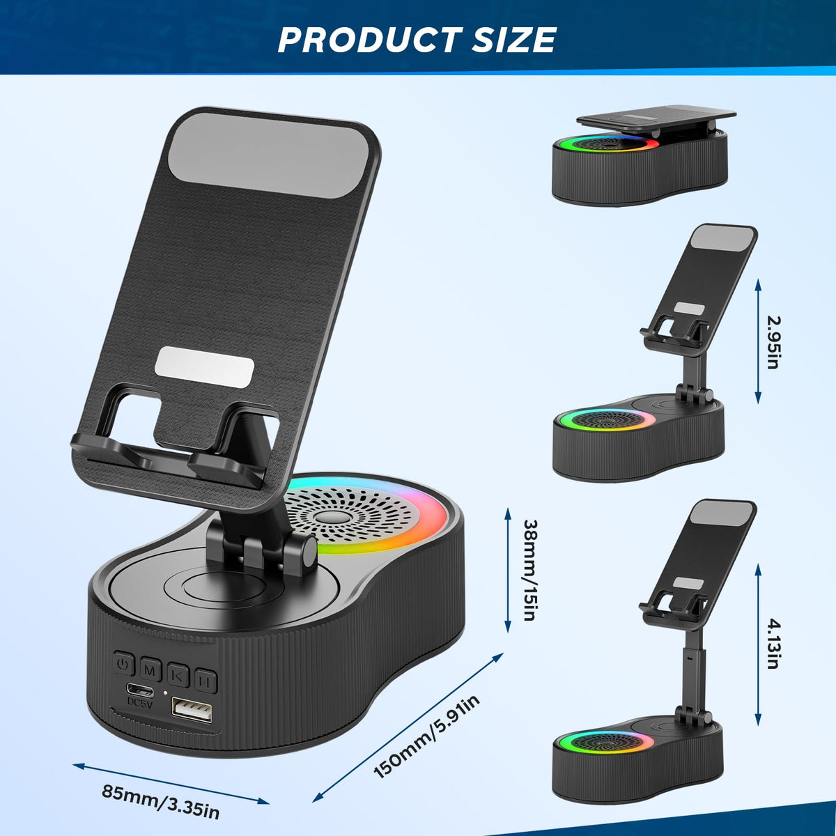 Soporte para Teléfono Celular con Altavoz Bluetooth Inalámbrico Giratorio 360° y Ajustable con Carga para Tableta