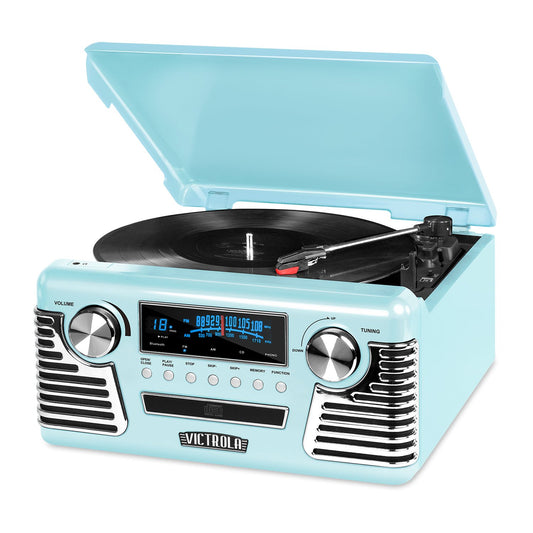 Tocadiscos Bluetooth Victrola Haley Aguamarina Retro con Reproductor de CD y Radio AM/FM