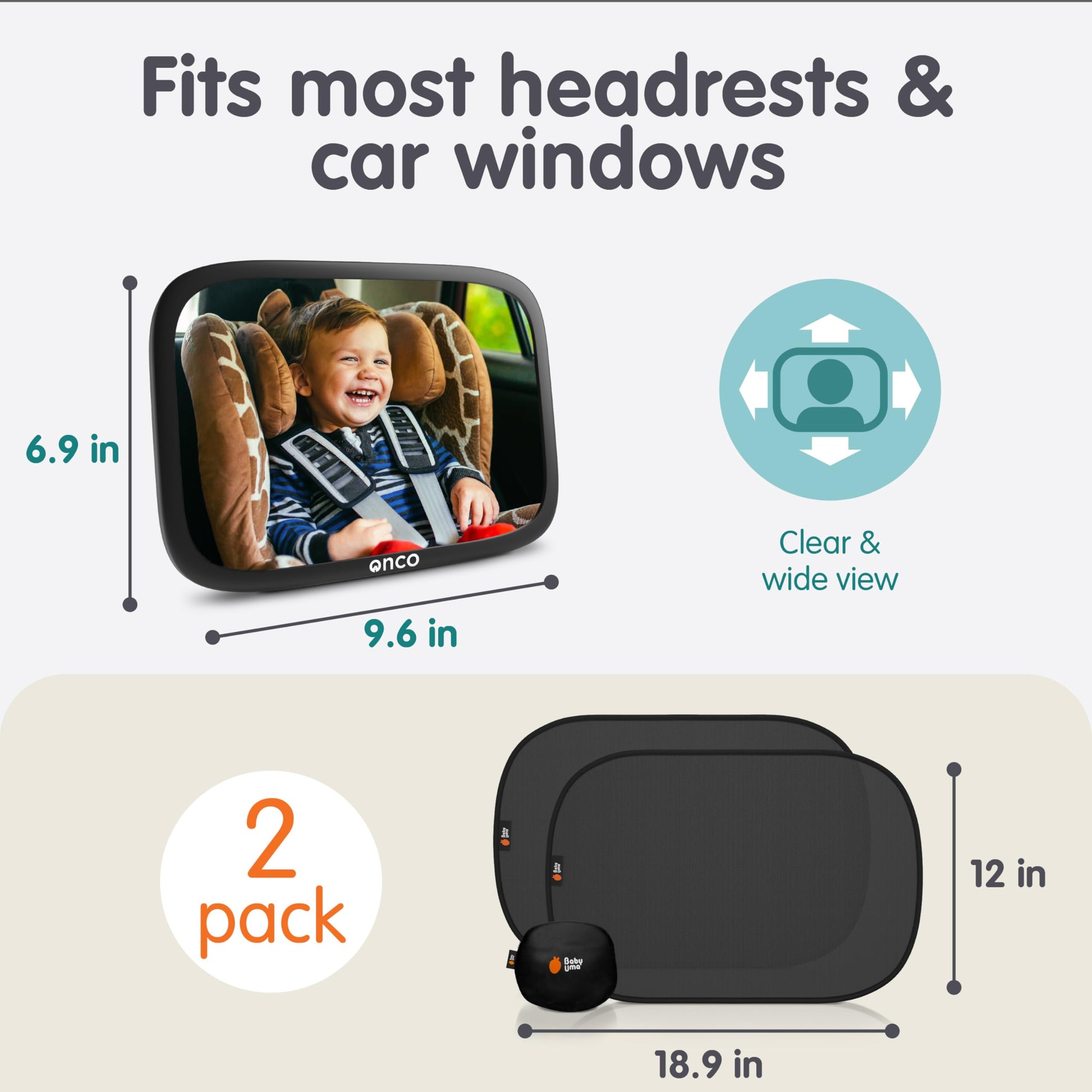 Onco Baby - Juego de cortinas para espejo de coche y ventana de coche (18.9 x 12 pulgadas), visualización UPF 50+, espejo de coche 100% a prueba de roturas para bebé, pantallas universales y espejo