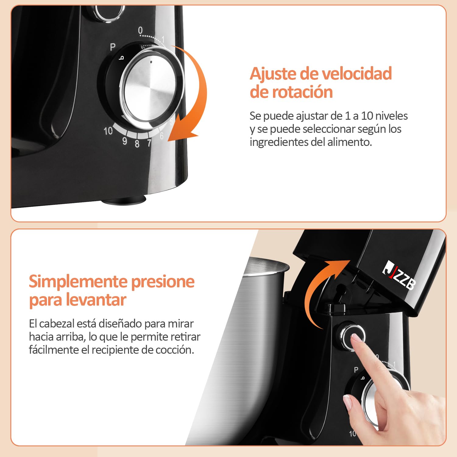 Batidora de Pedestal JZZB Negra de 10 Velocidades con 6 Accesorios para Repostería y Panadería en el Hogar