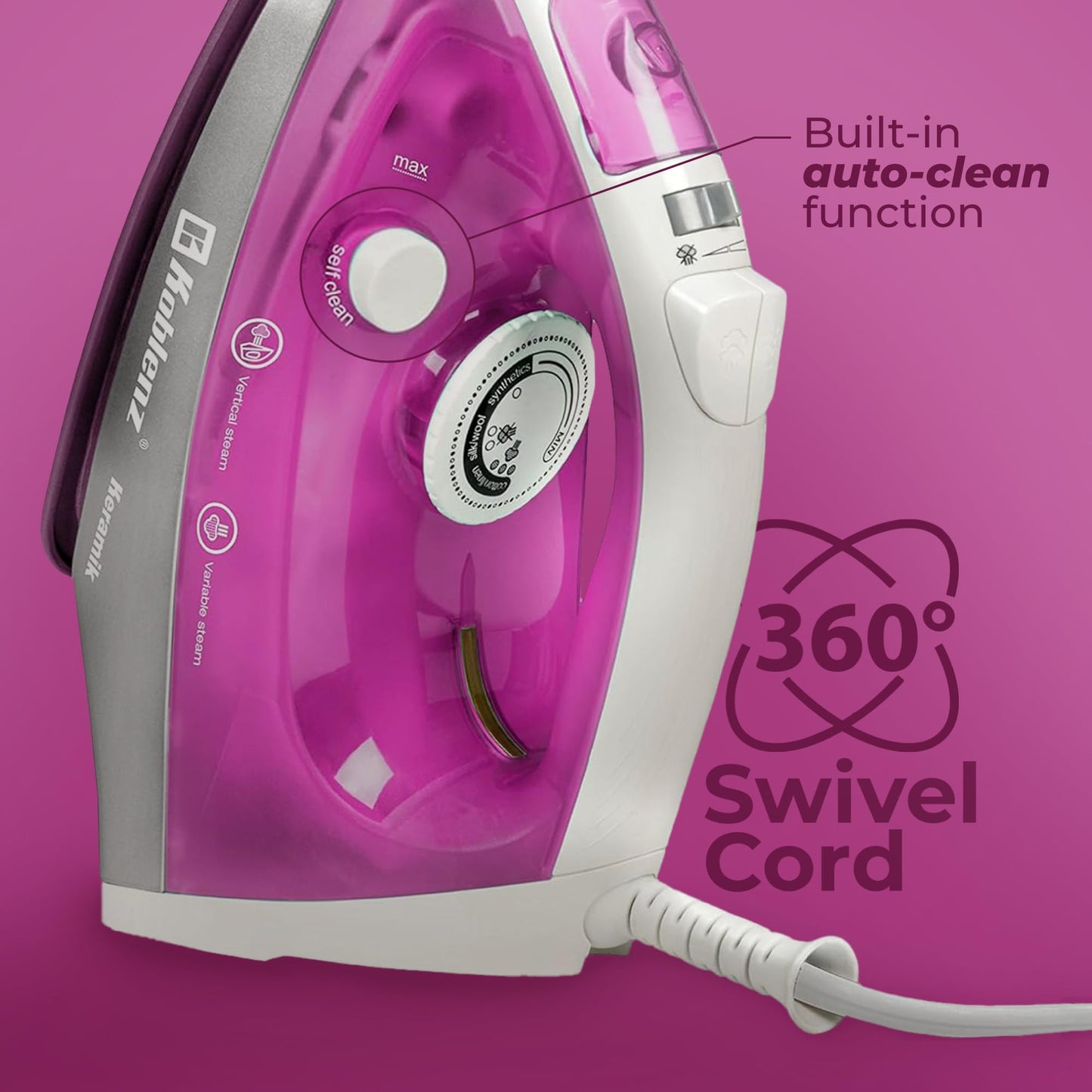 Koblenz - Plancha de Vapor Koblenz Ultra Keramik Pro de 1200 W y tanque de agua de 220ml con Suela Cerámica, Sistema que Evita el Sarro, Anti-calc, Cable con rotación de 360°, Rosa con Blanco (PKK-350 R)
