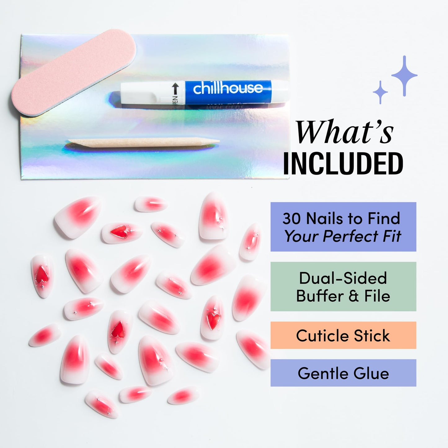 Chillhouse Kit De Uñas Chill Tips Press On -(Ovaladas)- 24 Formas Y Tamaños De Uñas - Hasta 3 Semanas De Uso - Ajuste Personalizable - Reutilizable - Fundado Por Latinas Y Propiedad De Mujer
