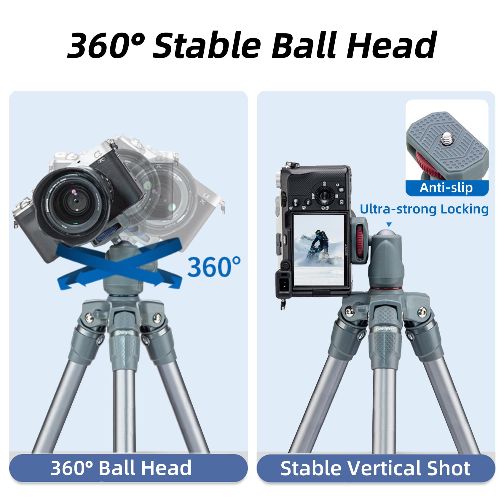 Fotopro - Trípode de cámara de 50 pulgadas, trípode de viaje ligero con cabezal de bola de 360, adaptador de acción, compatible con cámara DSLR, smartphone, carga máxima de 5.5 lb/2.5 kg
