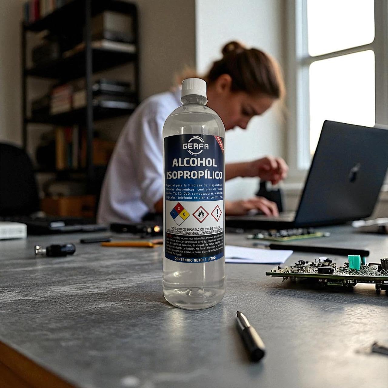 GERFA Alcohol Isopropílico 99% Pureza, 1 Litro - Ideal para Limpieza de Equipos Electrónicos, y Componentes Delicados. Alcohol de Alta Calidad para Mantenimiento y Uso Profesional