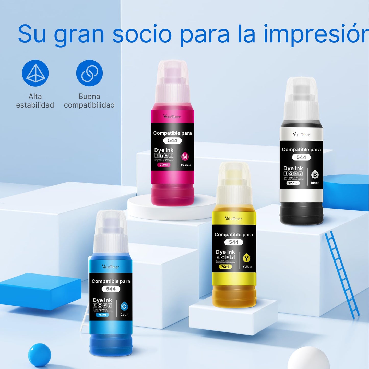 Botellas de Tinta Valuetoner Compatible con Epson 544 para Impresoras Ecotank 4 Unidades