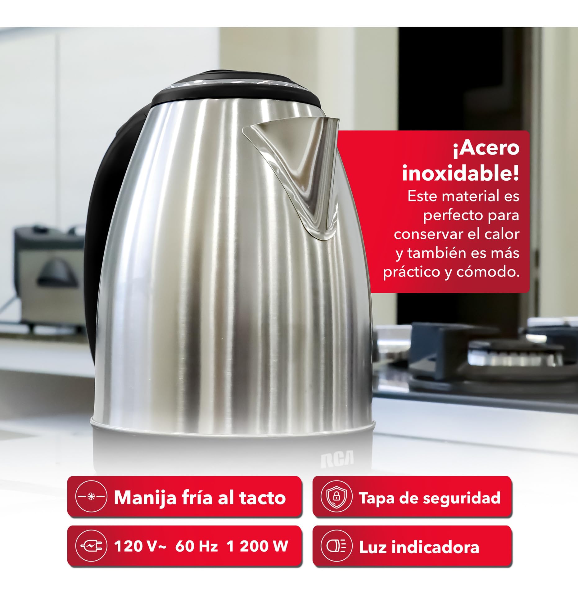 Tetera Eléctrica RCA Acero Inoxidable Luz LED Base Giratoria Apagado Automático 1.8 Litros Diseño Elegante