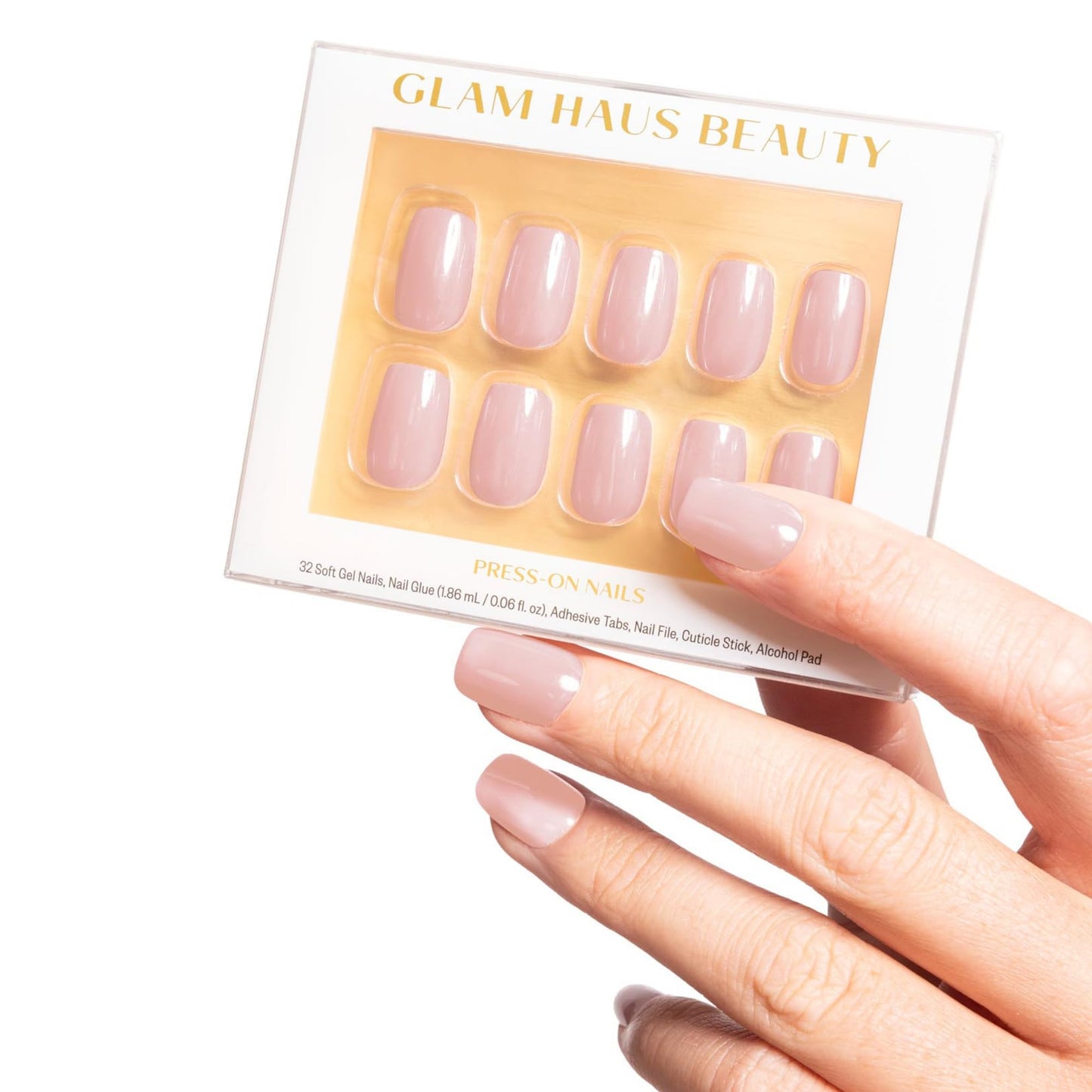 Glam Haus Beauty Uñas postizas rosa satinado | Cortas, cuadradas, rosa perlado, acabado brillante, calidad profesional | 16 tamaños - Kit de 32 uñas con pegamento y pestañas adhesivas
