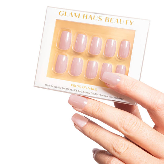 Glam Haus Beauty Uñas postizas rosa satinado | Cortas, cuadradas, rosa perlado, acabado brillante, calidad profesional | 16 tamaños - Kit de 32 uñas con pegamento y pestañas adhesivas