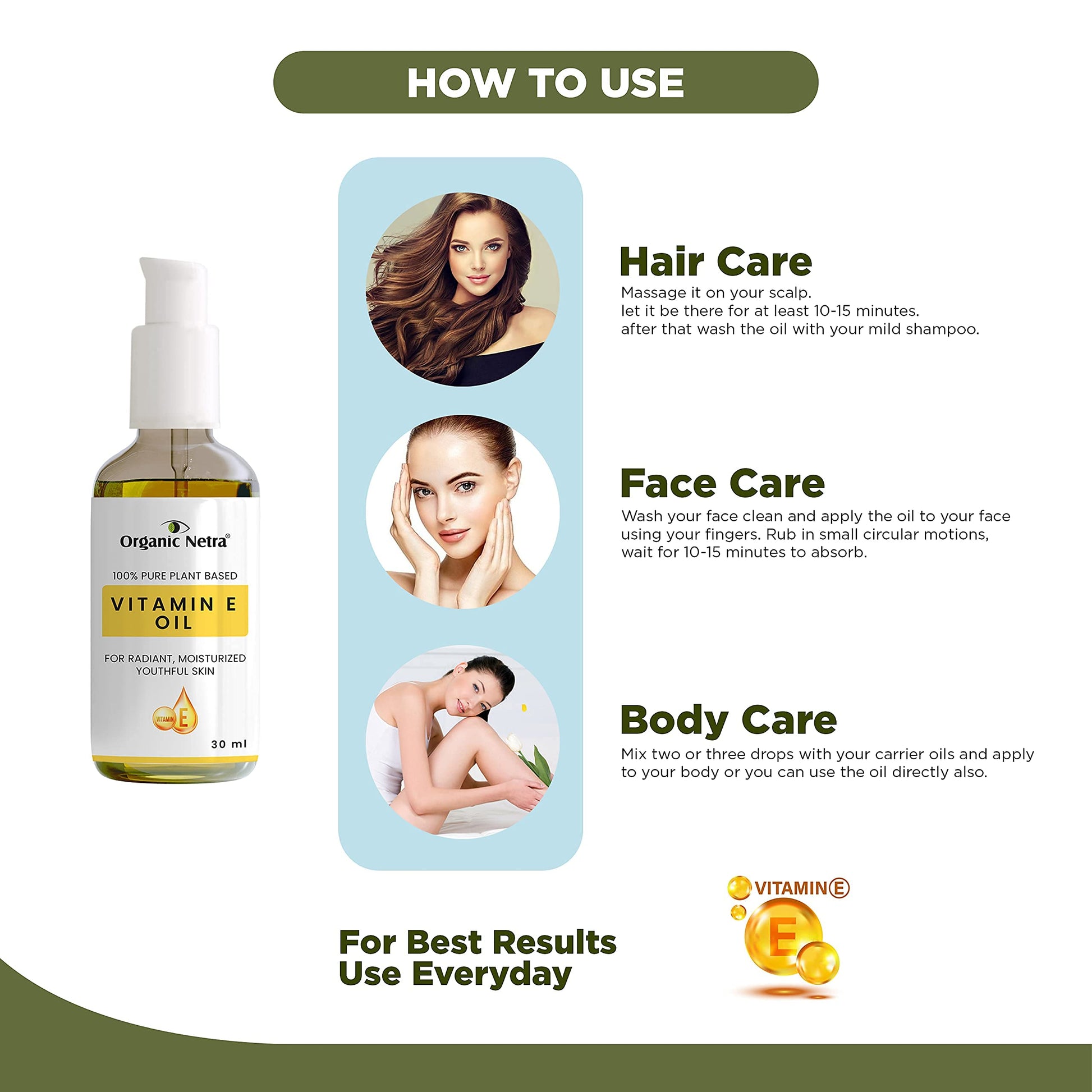 Organic Netra 100% Pure Plant Based Vitamin E Oil For Radiant, Moisturized Youthful Skin for Men & Women, Reduces Scars, Stretch Marks, and Wrinkles, Helps in Hair Growth, 30ml