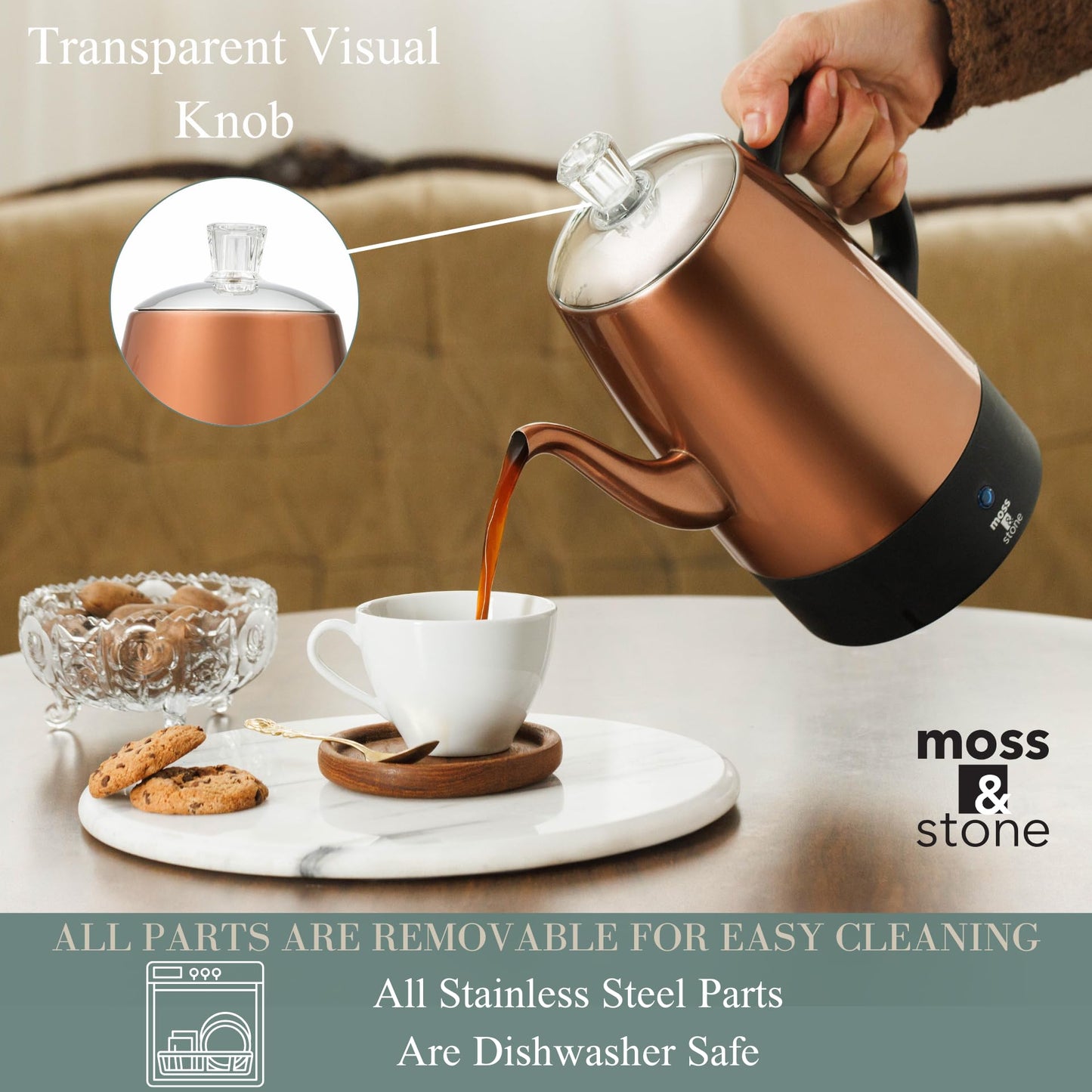 Cafetera eléctrica Moss & Stone de acero inoxidable para 10 tazas, cafetera eléctrica con función de mantener caliente, cafetera eléctrica de acero inoxidable para 10 tazas con cesta para café