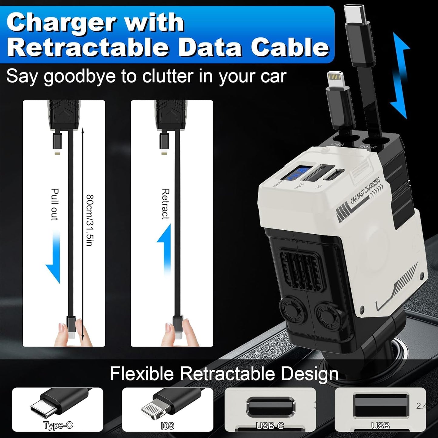 JIEYOUTA Cargador para Auto Tipo C 4 en 1-120W Carga Rápida, Incluye 2 Cables Retráctiles y 2 Puertos USB, Adaptado para iPhone16/15/14/13, Huawei, Xiaomi, iPad y Otros Android