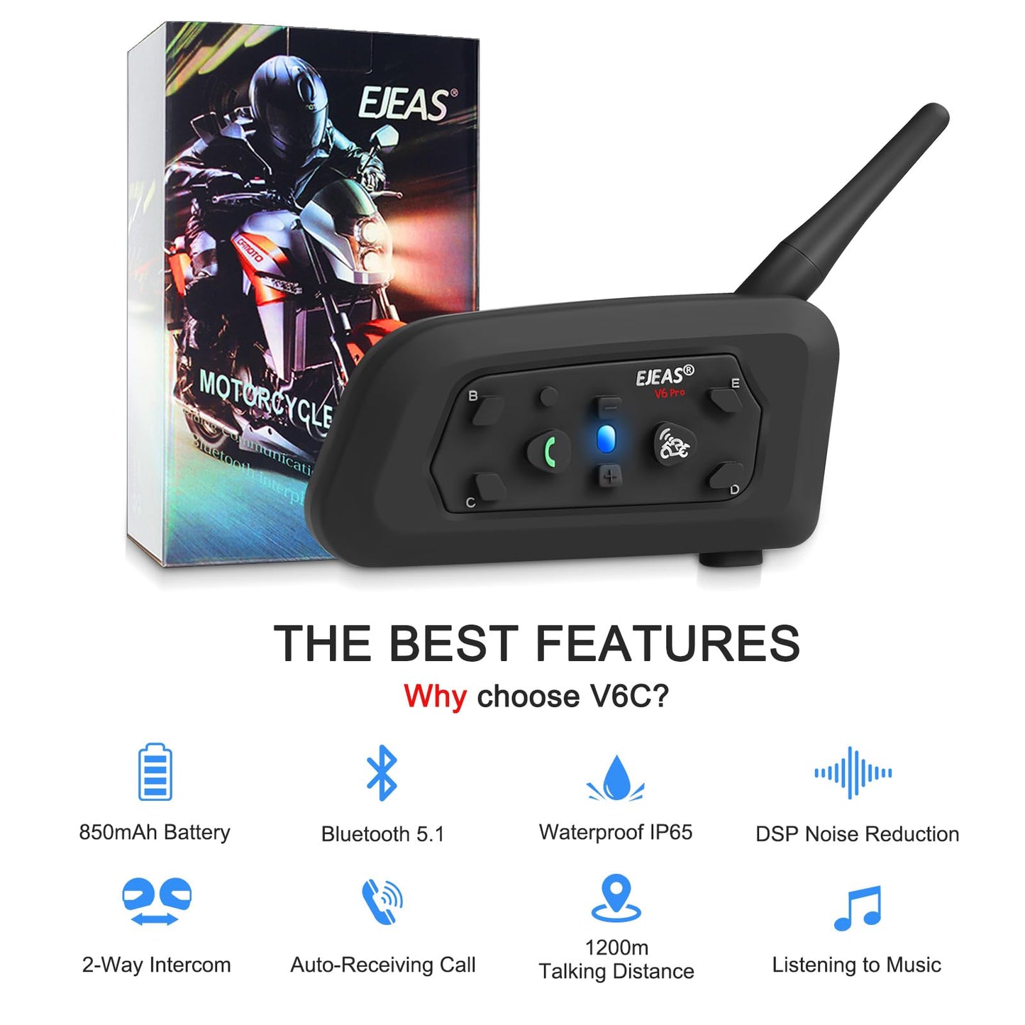 EJEAS V6C Intercomunicador Bluetooth para Árbitros de Fútbol, 1200M con Auricular y Brazalete Negro, Bluetooth 5.1, 1 Pack