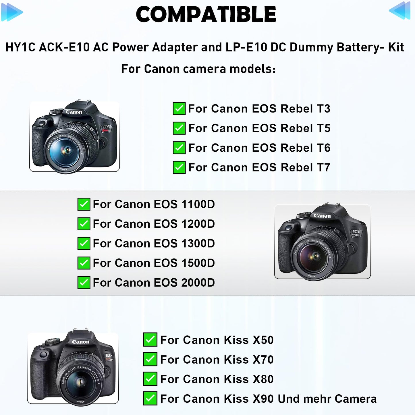 ACK-E10 DR-E10 Kit de adaptador de corriente CA y acoplador DC de repuesto para batería LP-E10 y cargador LC-E10 para cámaras Canon EOS Rebel T3 T5 T6 T7 T100, Kiss X50 X70, EOS 1100D 1200D 1300D