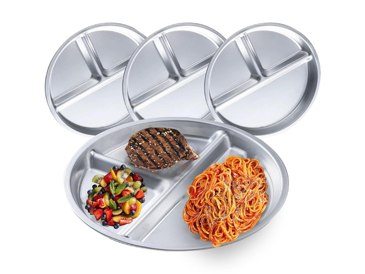 Lijinhe - Juego de 4 platos de acero inoxidable para niños, bandeja de alimentos dividida para adultos, niños, camping, almuerzo y cena