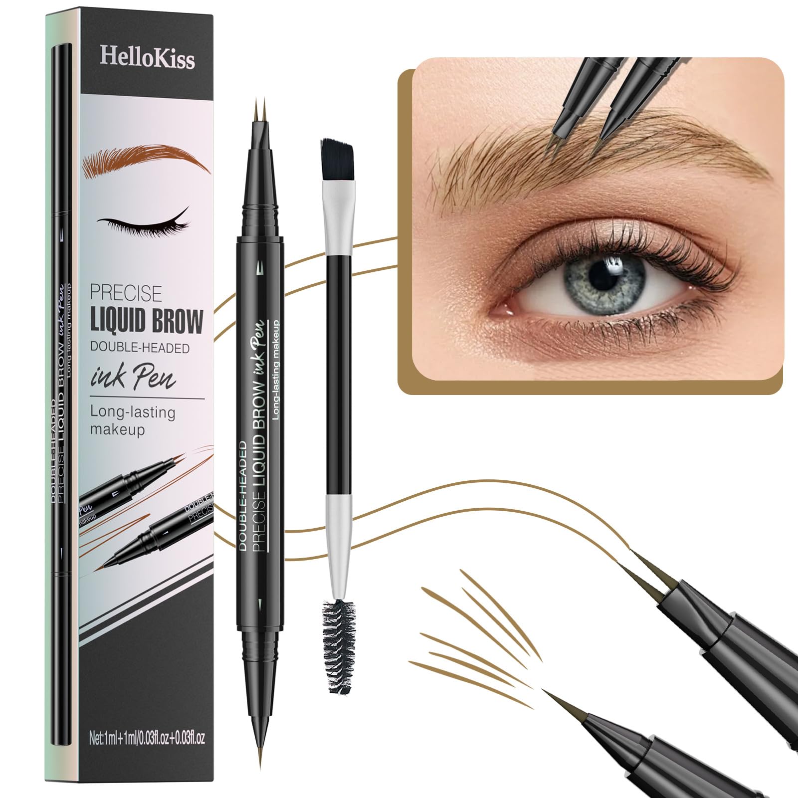 LEKOU Liquid Eyebrow Pen, 2 en 1 Dual-Ended Eyebrow Pencil, Lapiz de Cejas Larga Duracion 3D Waterproof, Plumín de Cejas Microblading para Delineador Cejas Natural (Marrón Claro)
