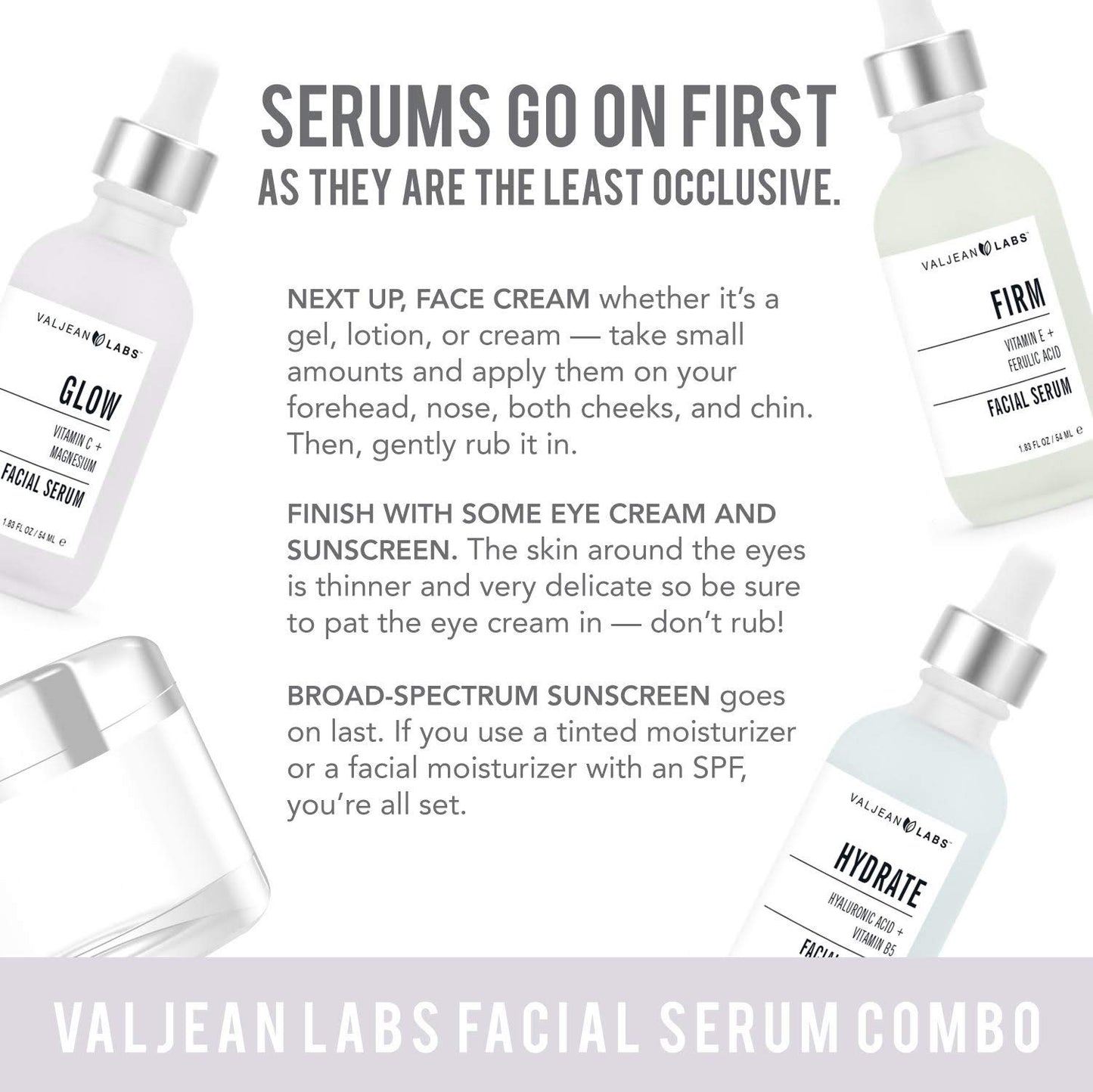 Valjean Labs Facial Serum, Combo Pack of Hydrate, Glow, and Firm (1oz Bottles)