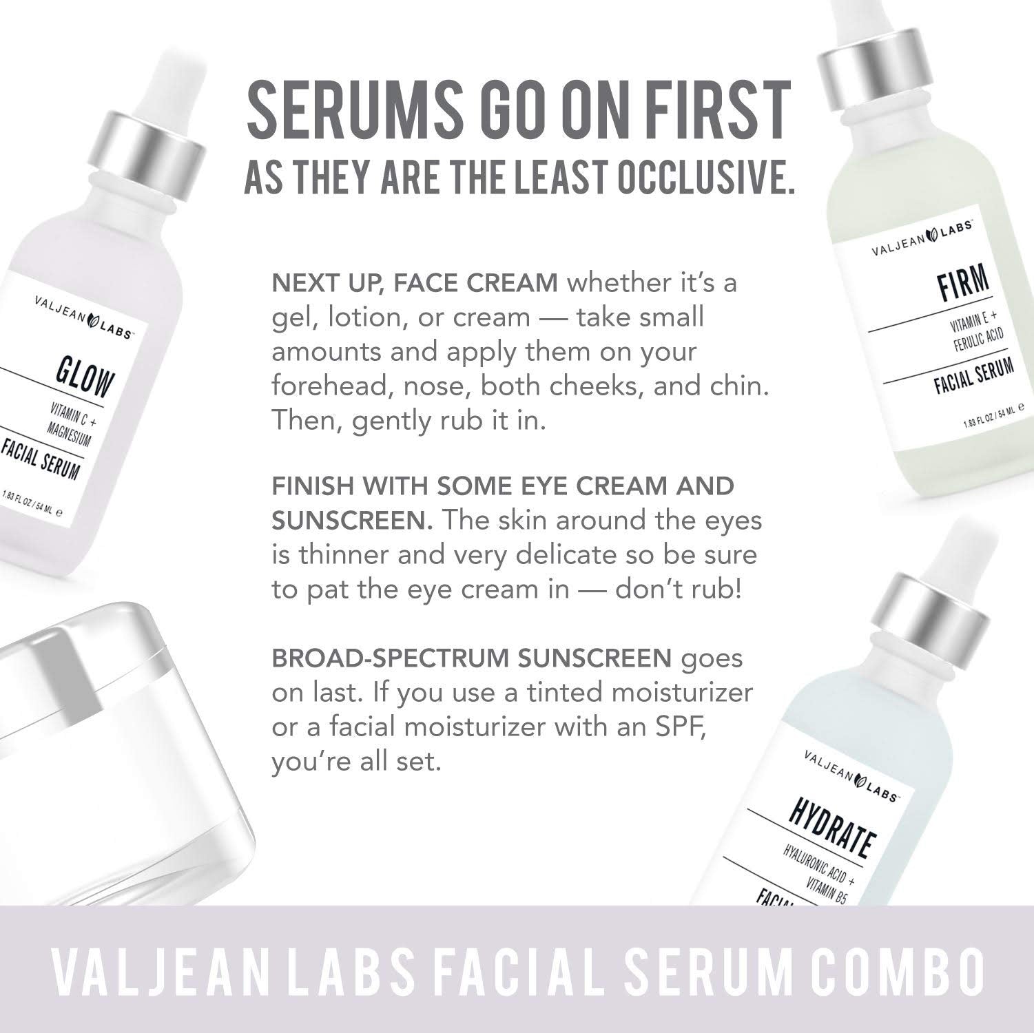 Valjean Labs Facial Serum, Combo Pack of Hydrate, Glow, and Firm (1oz Bottles)