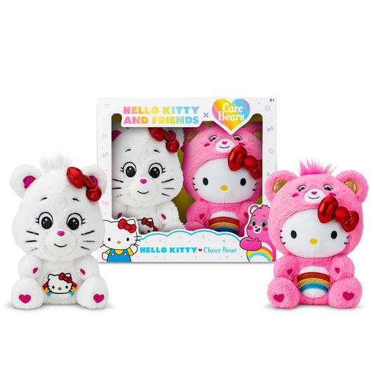 Care Bears Hello Kitty Loves Cheer Bear - Peluche Coleccionable de 10 Pulgadas, Paquete de 2 Unidades, Material Suave y abrazable