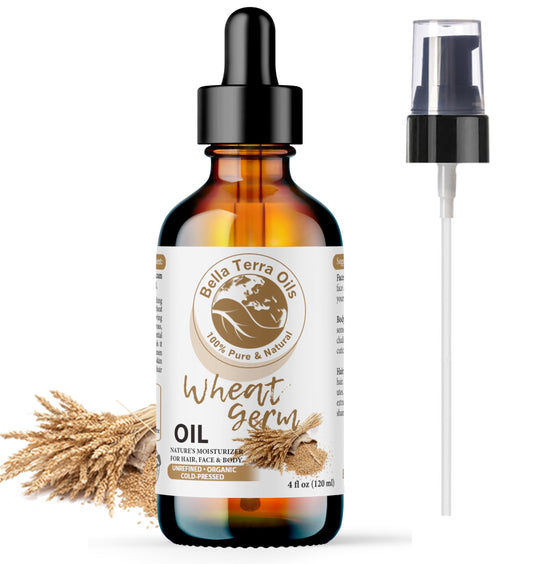 Bella Terra Oils Wheat Germ Carrier Oil. 4oz. 100% Pure. Cold-pressed. Unrefined. Rich in Vitamin E. Non-comedogenic. Soothes Dry Skin. Natural Moisturizer for Skin Hair Nails Stretch Marks