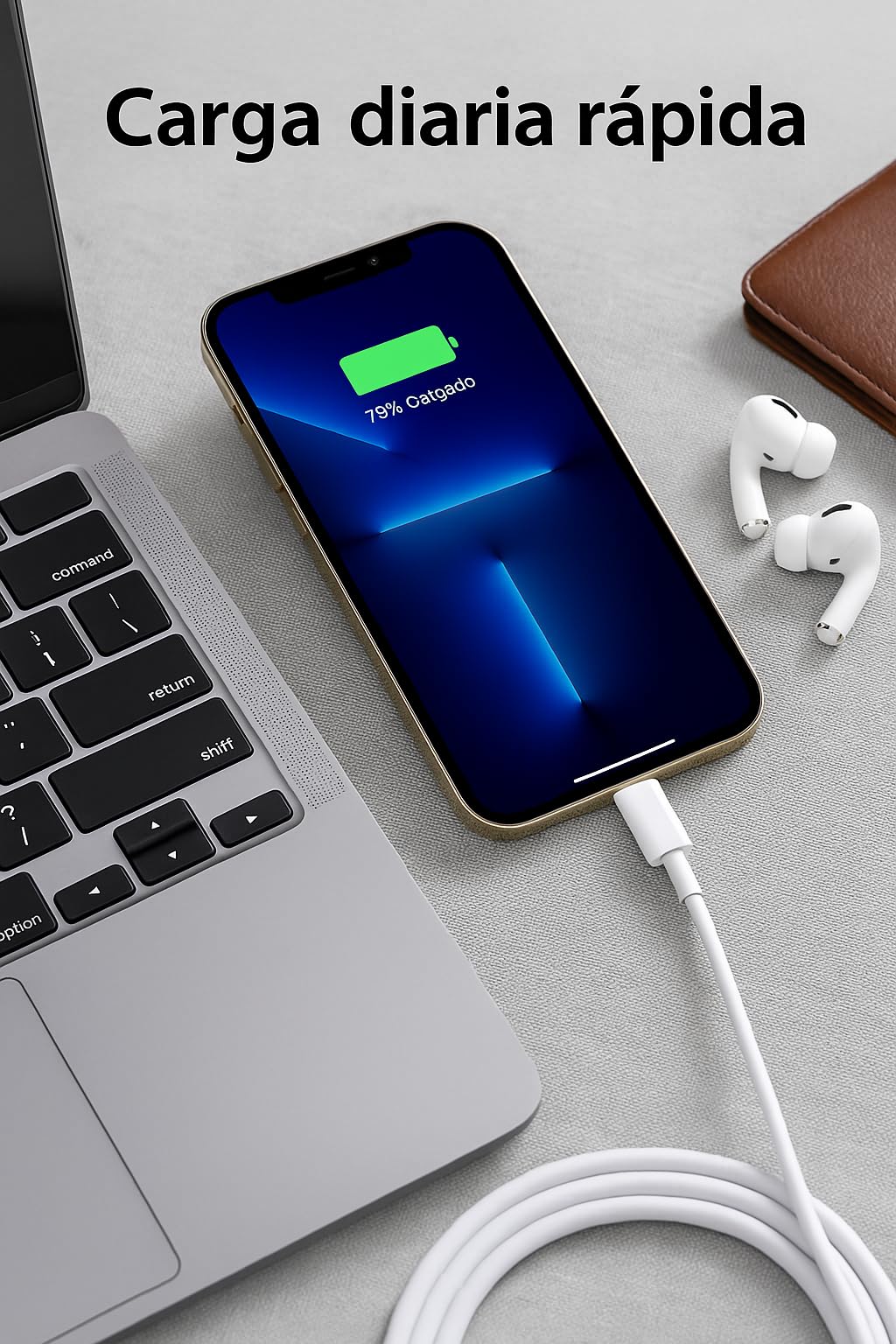 Cable para iPhone USB-C a Lightnin, largo 1 metro, Color Blanco Calidad Premium OEM, Compatible con iPhone 5 al 14, iPad, AirPods y pro - 1 Metro de Largo
