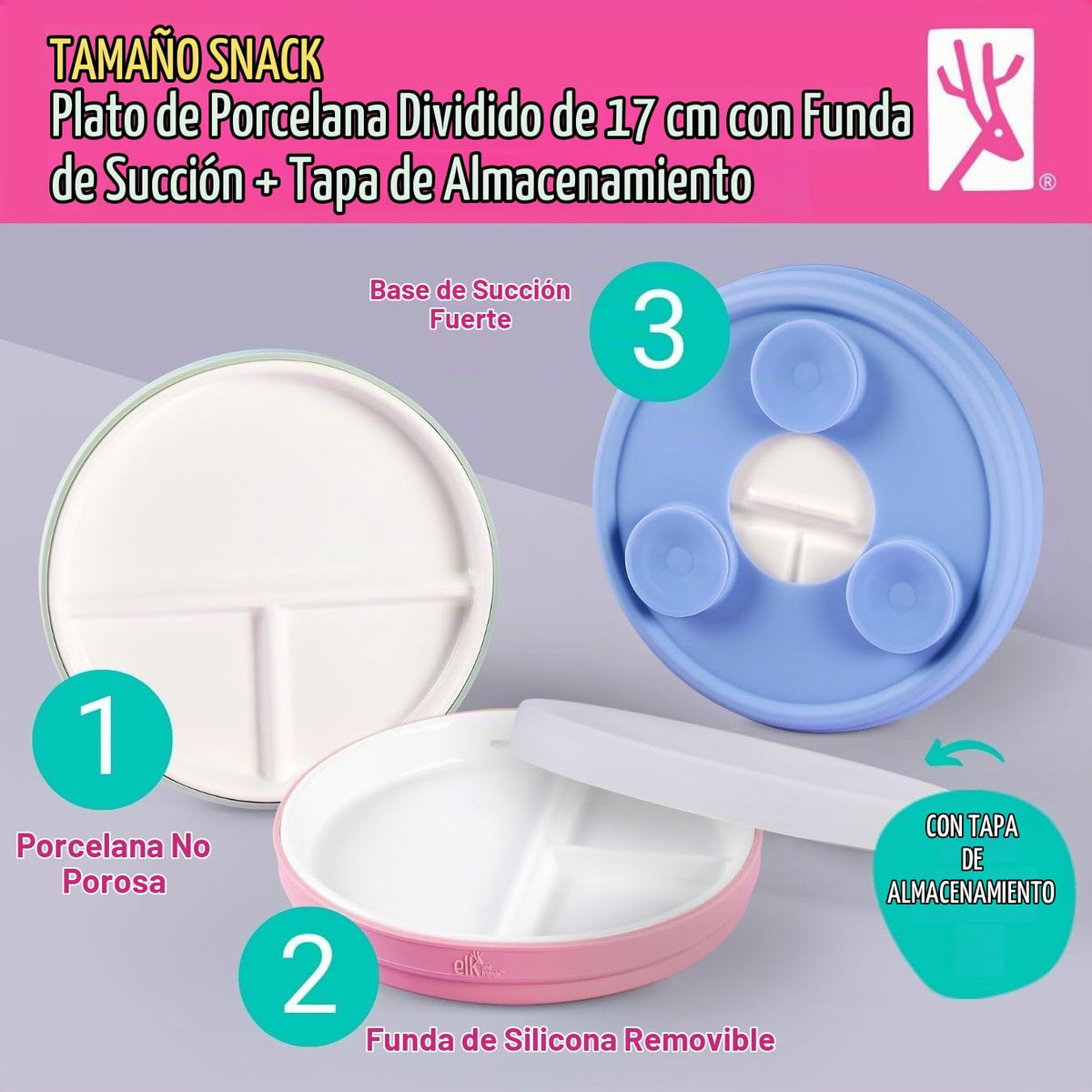 Elk and Friends Kids - Platos divididos de porcelana blanca de 6.7 pulgadas con mangas de succión de silicona + tapas, adecuados para bebés/niños pequeños, aptos para microondas y lavaplatos, vajilla