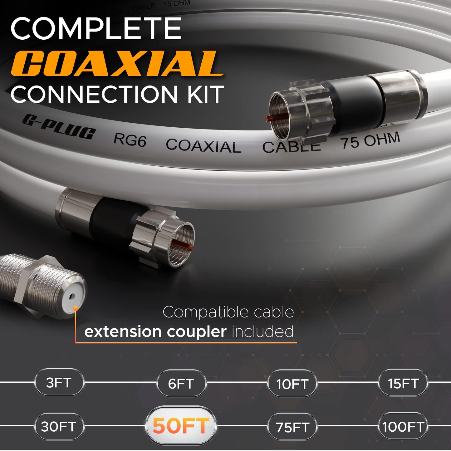 G-PLUG Cable Coaxial RG6 75 Ohm, Triple Blindaje, Conectores F Tipo Macho a Macho, Cable Antena TV, Satelital e Internet Banda Ancha, Incluye Acoplador F81, Blanco