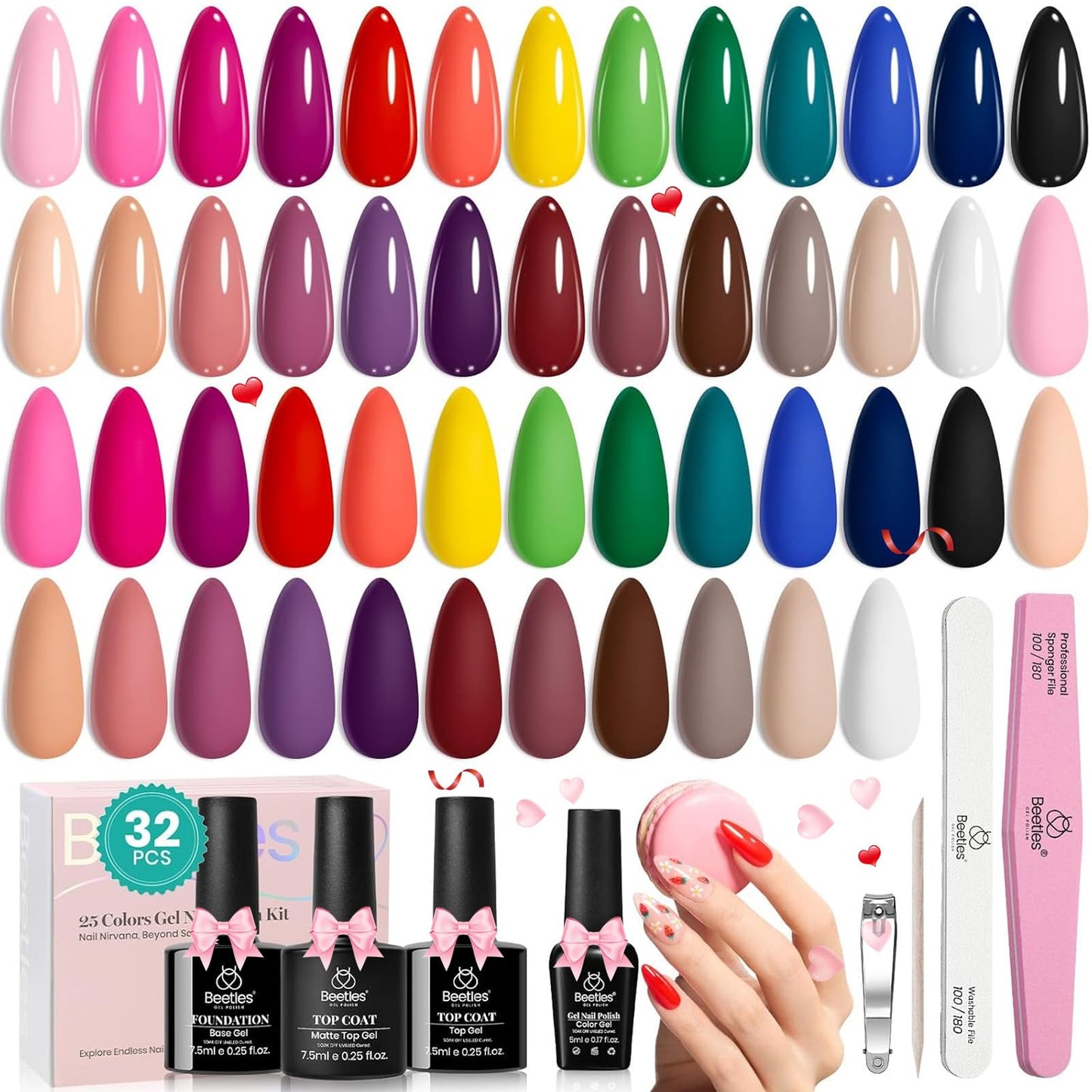 Beetles Gel Nail Polish 25 Colors Gel Polish Set Nude Blue Pink Red Gel Polish Chic Outfits Collection with 3Pcs Base Top Coat Gel Winter Manicure Kit Salon DIY Home Valentines Gift for Women Girls