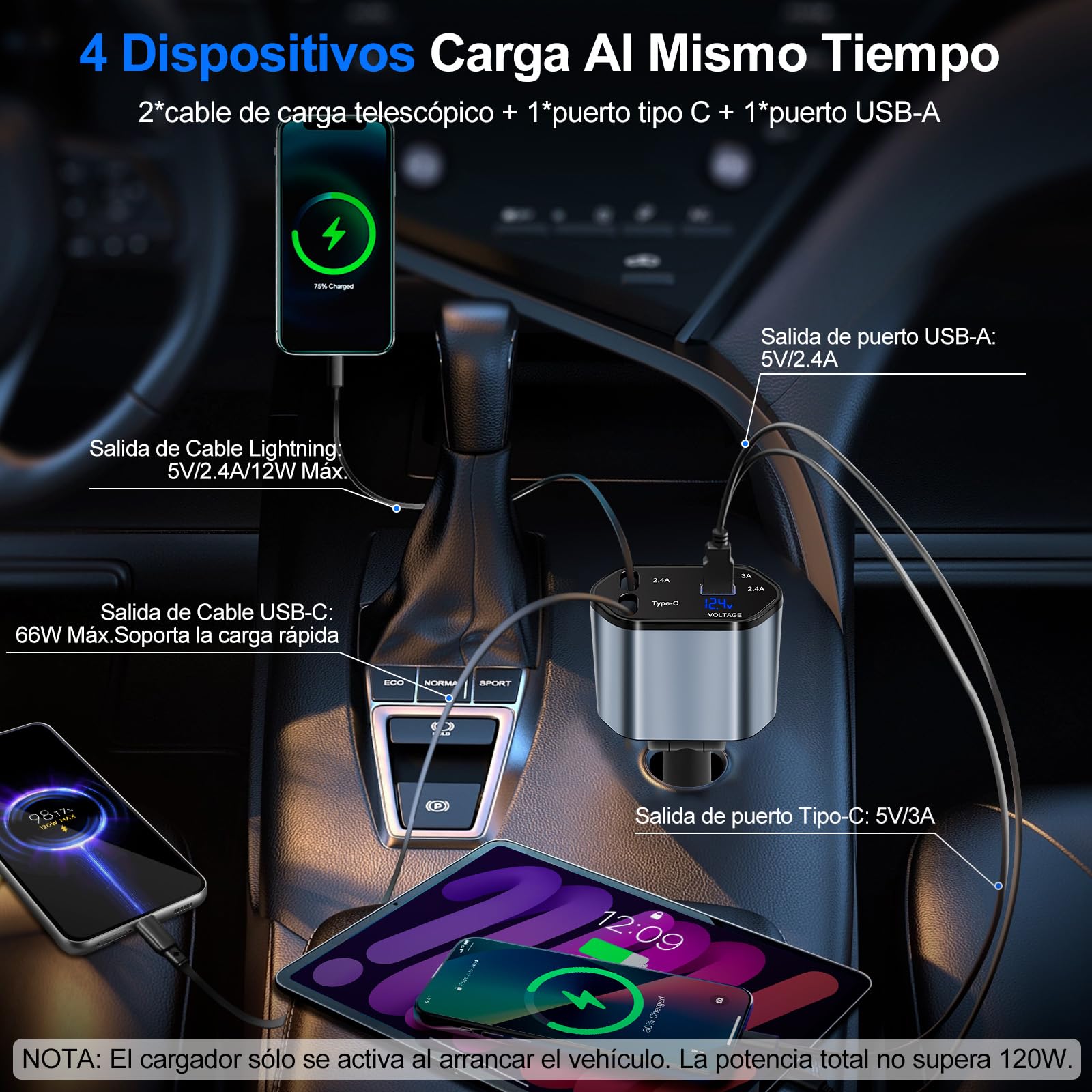 Lostrain Cargador para Auto Tipo C,Cargador de Carro 120W Total Carga Rápida 4 en 1(2 Cables Retráctiles+2 Puertos USB),Adaptador para Coche para Android iPhone 15/14/13 Huawei Xiaomi iPad
