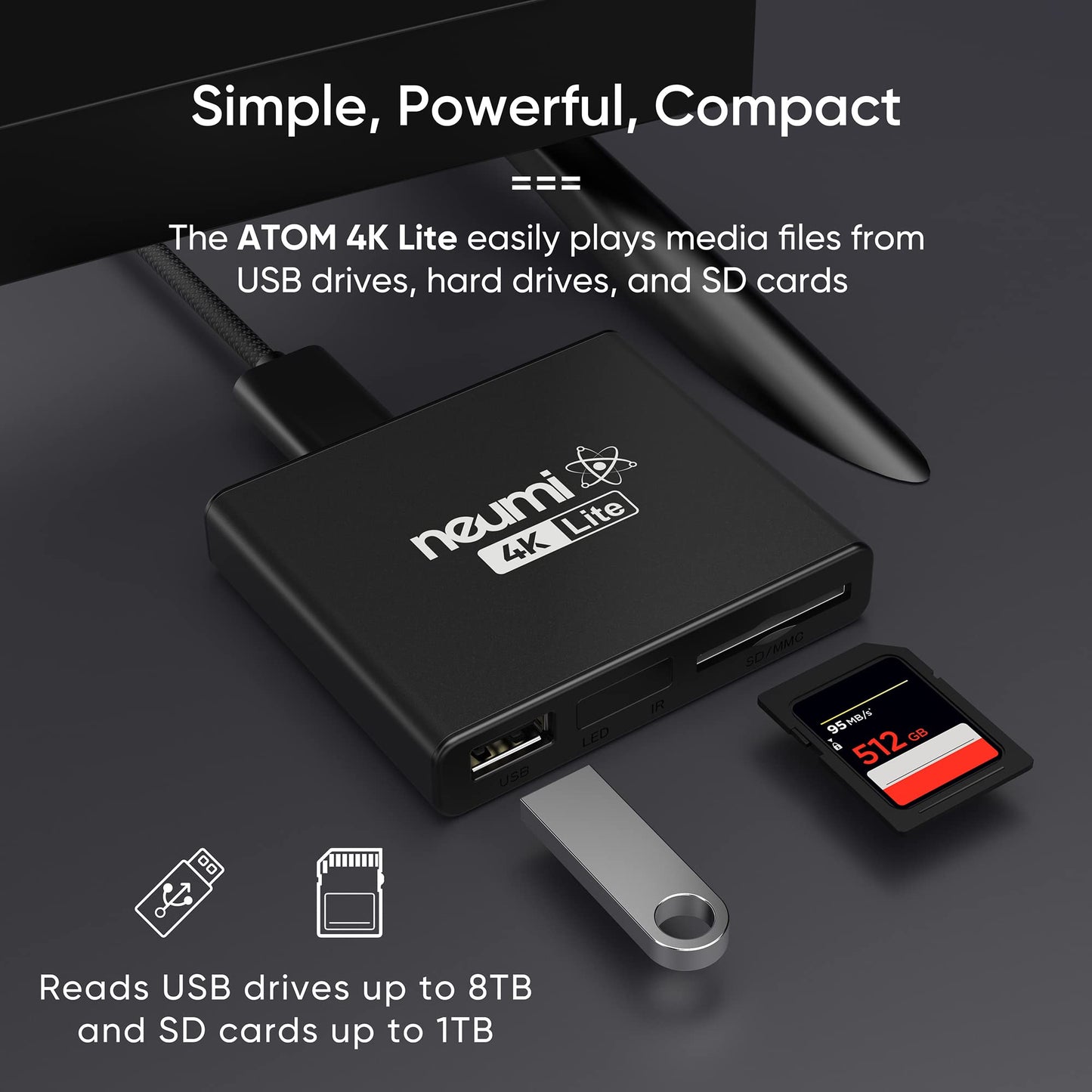 NEUMI Atom 4K Lite Reproductor multimedia digital Ultra-HD para unidades USB y tarjetas SD, reproduce videos 4K/UHD, HEVC/H.265, HDMI y AV analógico, reproducción automática, bucle, capacidad de