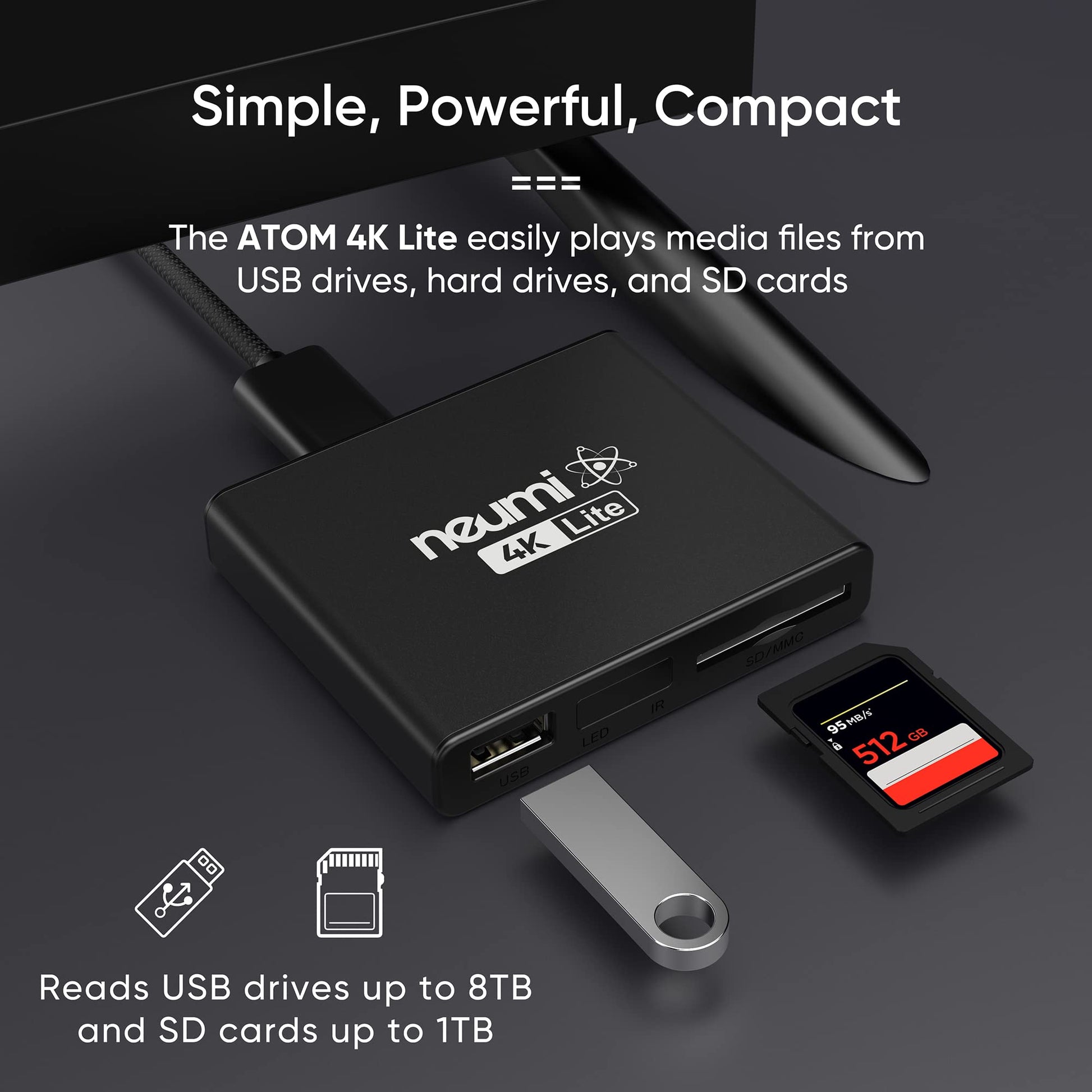 NEUMI Atom 4K Lite Reproductor multimedia digital Ultra-HD para unidades USB y tarjetas SD, reproduce videos 4K/UHD, HEVC/H.265, HDMI y AV analógico, reproducción automática, bucle, capacidad de