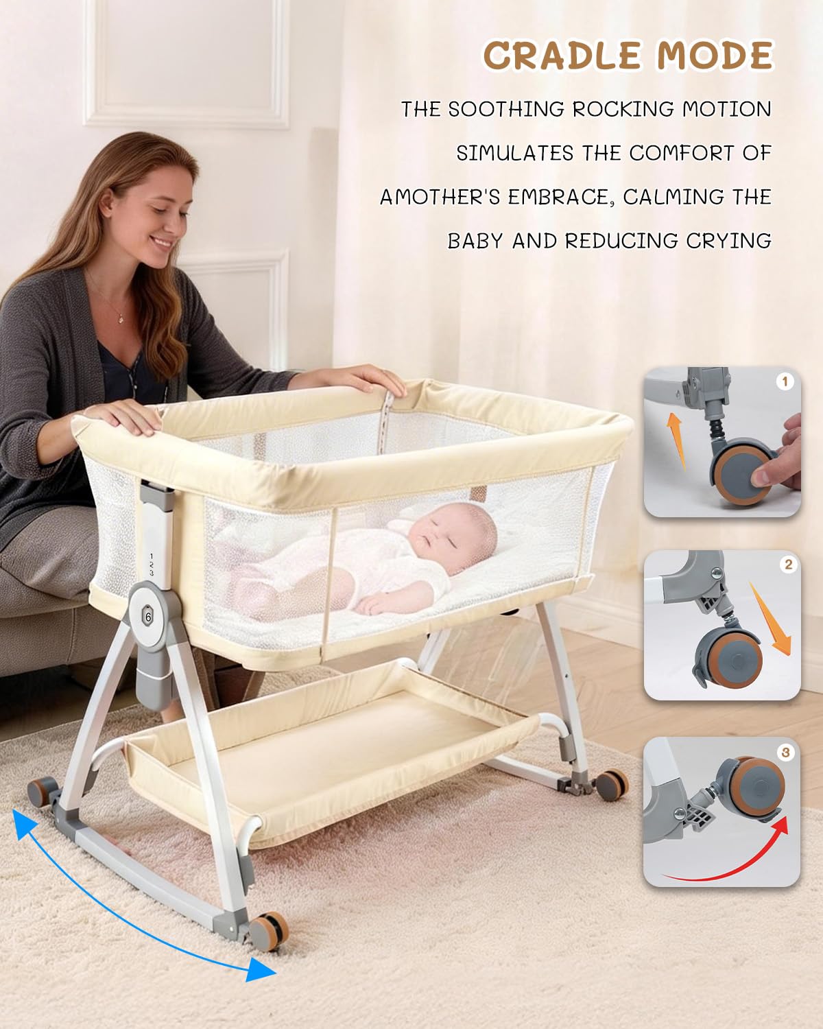 Leoavetole - Moisés de cama para bebé, cuna 4 en 1 con ruedas, cuna ajustable de 6 altura con malla transpirable para recién nacidos y bebés (beige profundo)