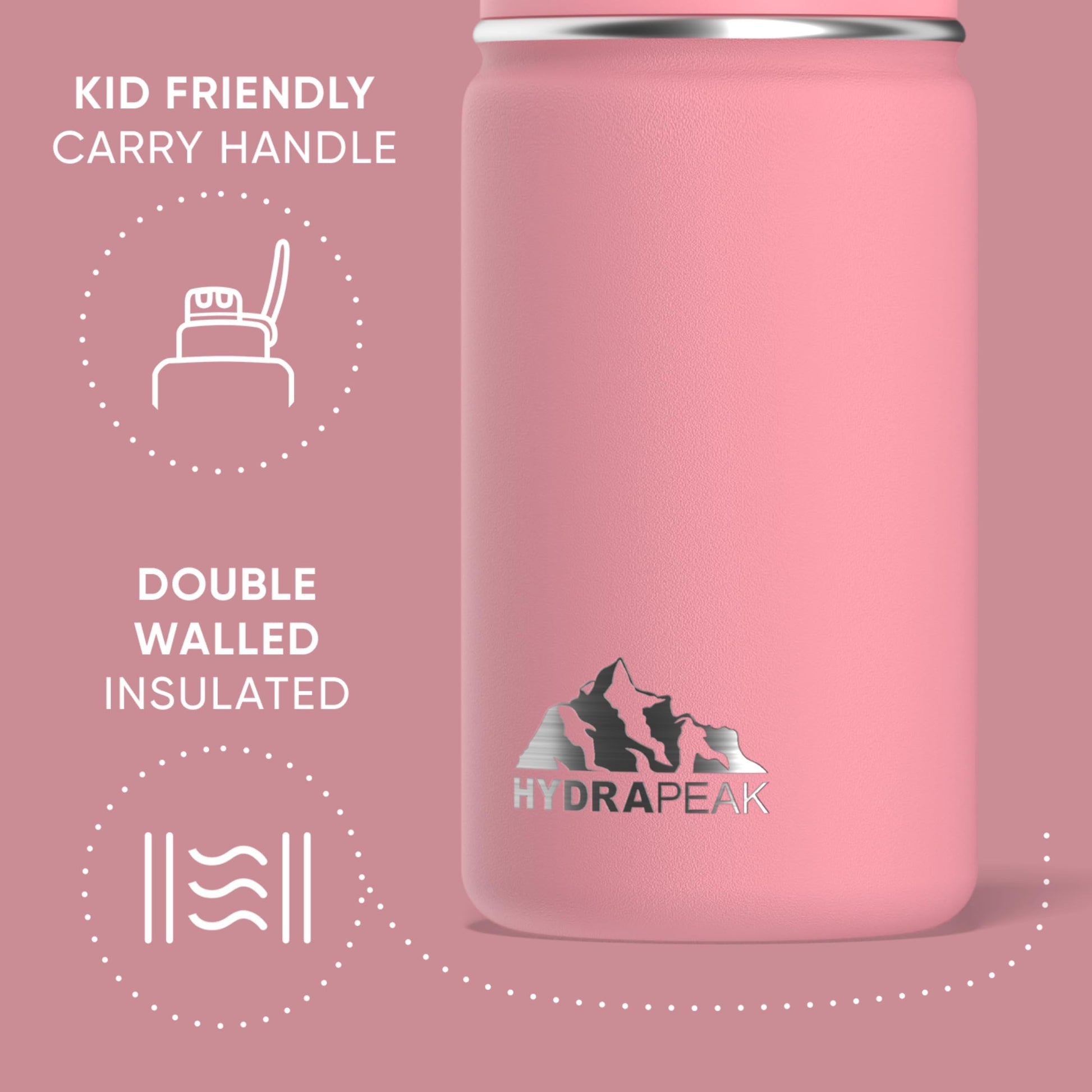 Hydrapeak Botella de agua aislada para niños de 14 onzas con tapa de popote, goma de mascar, 14 onzas, acero inoxidable, termo