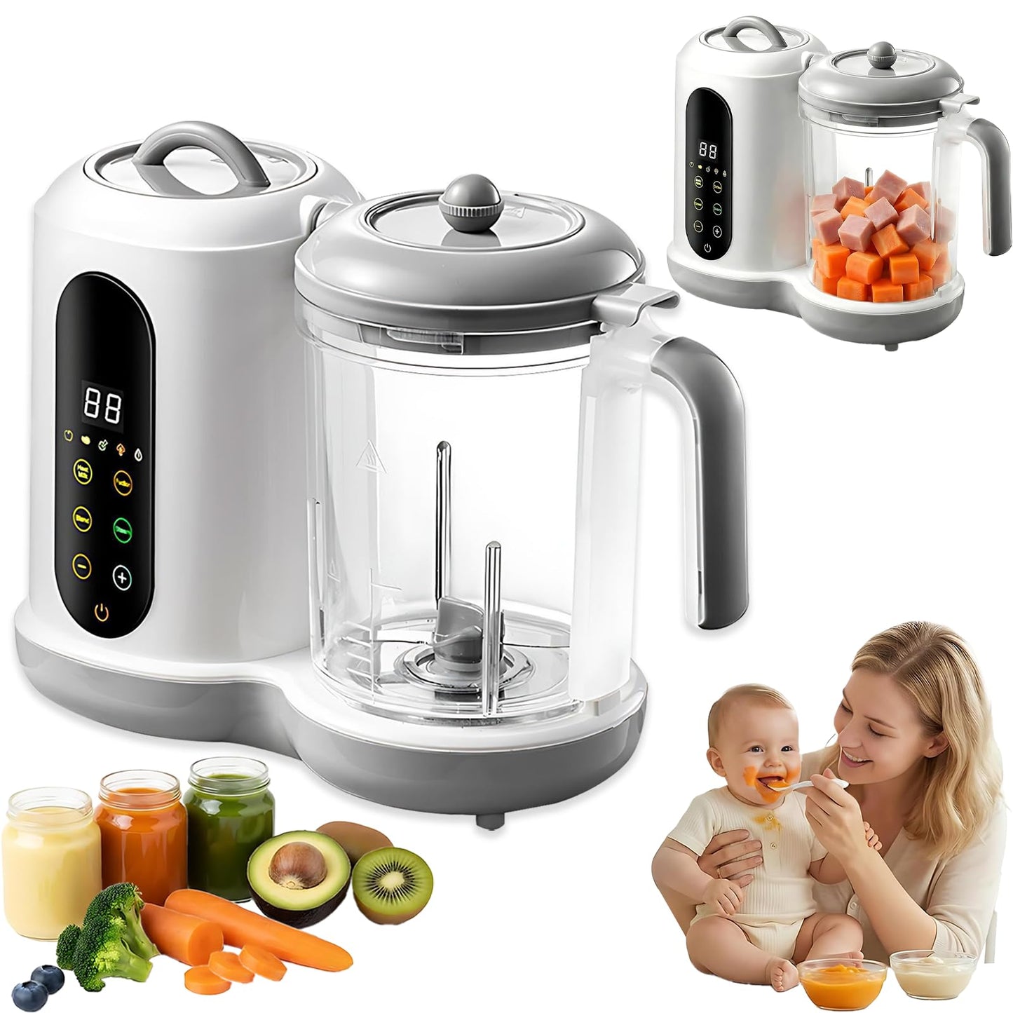 Fabricante de Alimentos Para Bebés,Vaporera Bebe Con Pantalla Táctil,Licuadora Para Papillas de Bebe Para Totalmente Automática,Procesador de Alimentos Bebe Para Cocinar Al Vapor, Remover