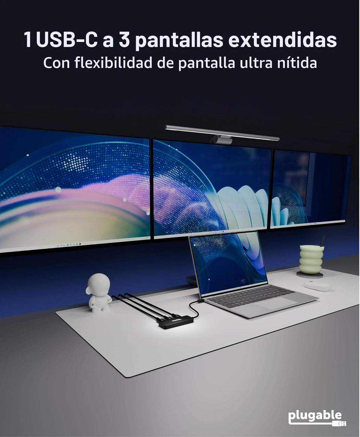 Adaptador USB C Plugable HDMI Tres Pantallas 4K60 Múltiples Monitores