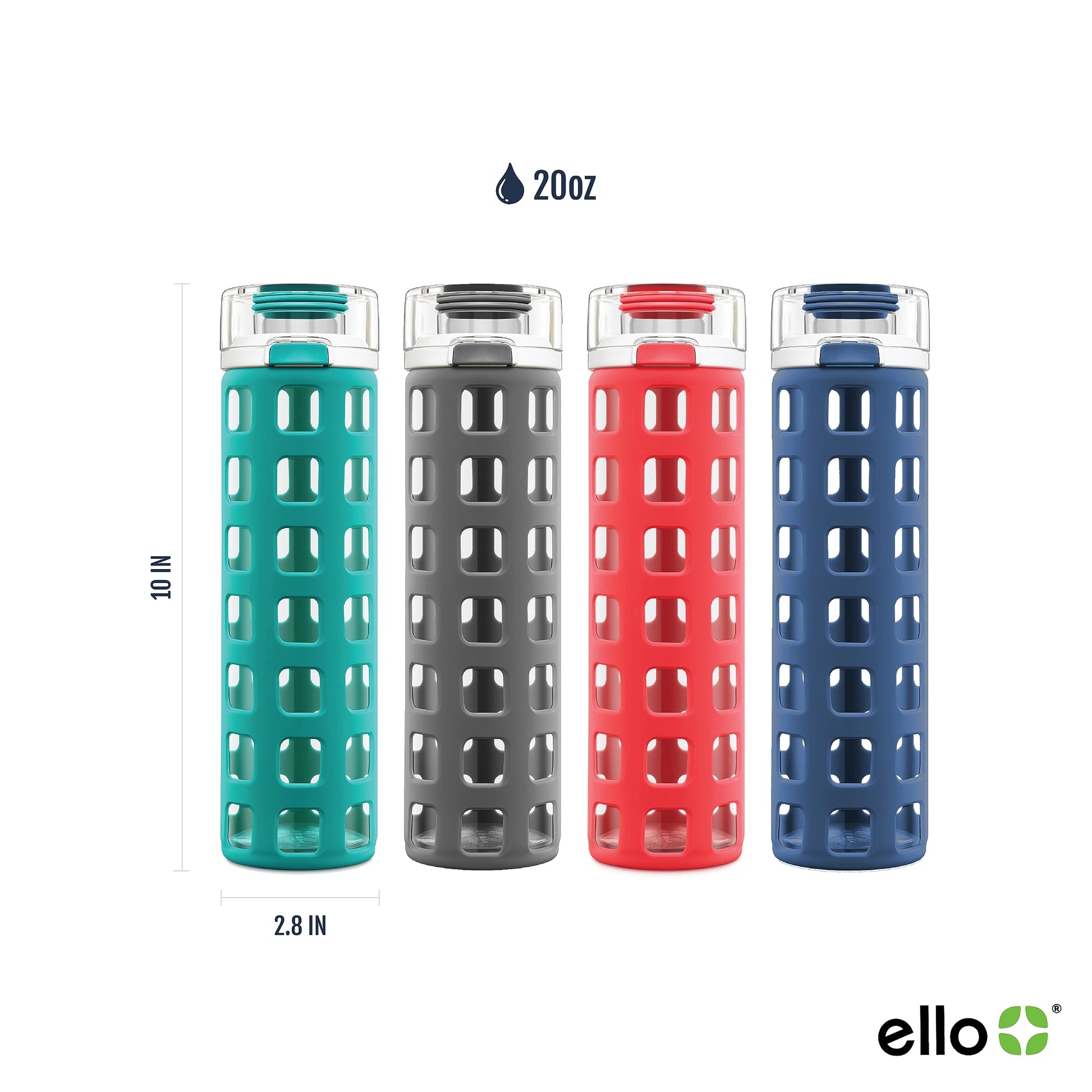 Ello Syndicate Botella de agua de vidrio con tapa abatible de un solo toque, azul intenso, 20 onzas