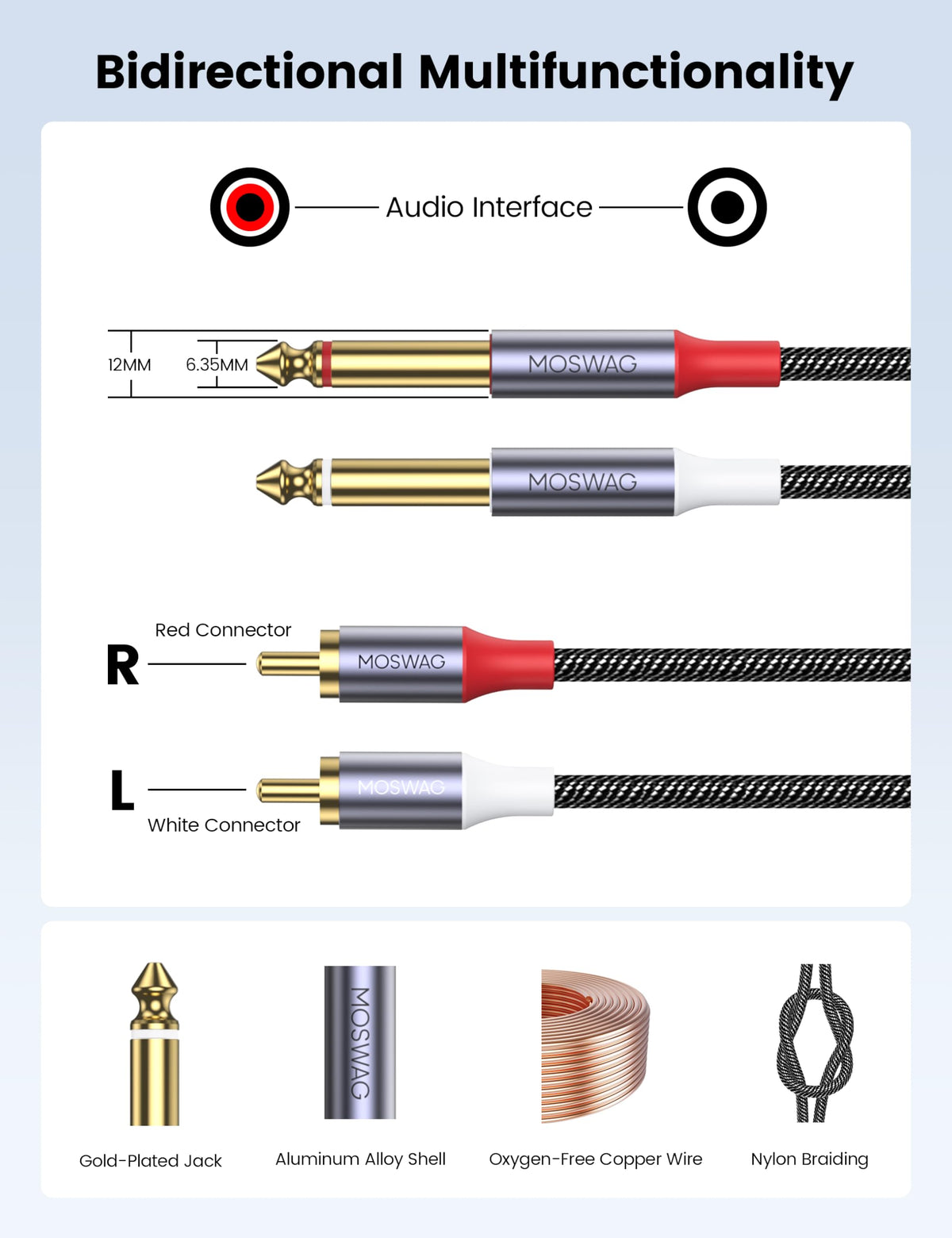 Cable Adaptador de Audio Estéreo MOSWAG Dorado para Mezclador y Amplificador