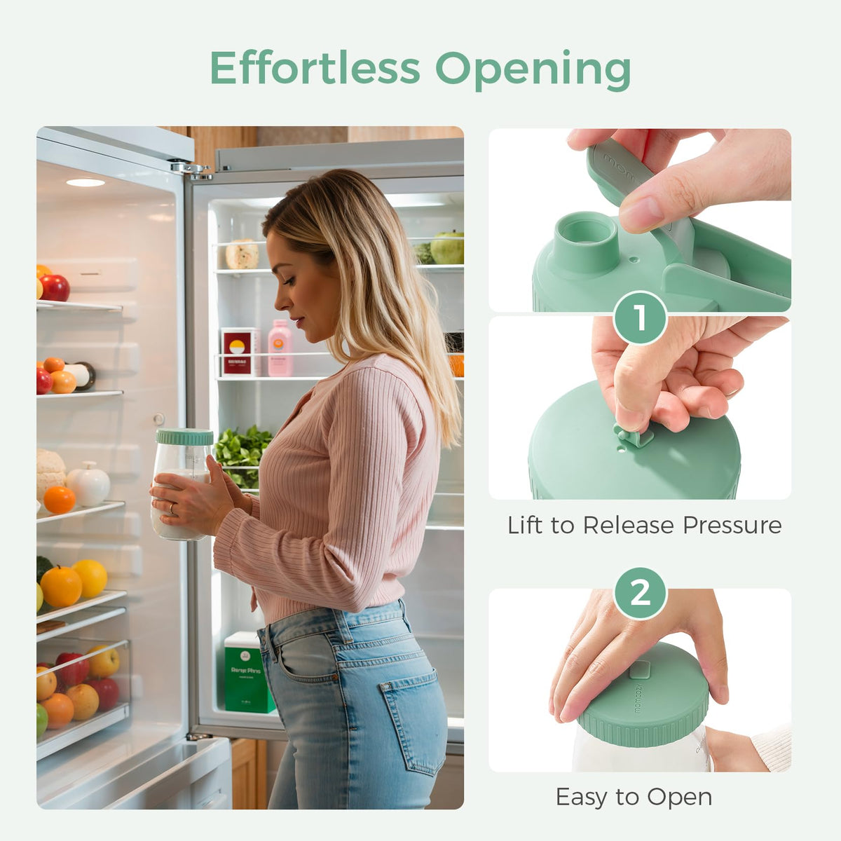 Momcozy Jarra de Vidrio para Leche Materna, Boca Ancha, Antiderrames, Resistente al Calor y al Frío, con Tapa Plana y Tapa con Asa, 2 Piezas de 32 oz (64 oz Totales)
