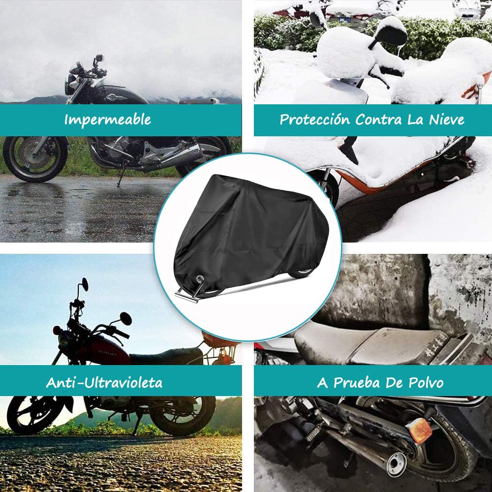 Herpet Funda para Moto Cubierta de la Motocicleta Impermeable - Tejido de Poliéster Recubierto 190T, Impermeable A Prueba de UV Agua Lluvia Polvo Viento Nieve 245 x 105 x 125 CM (2XL, Negro)