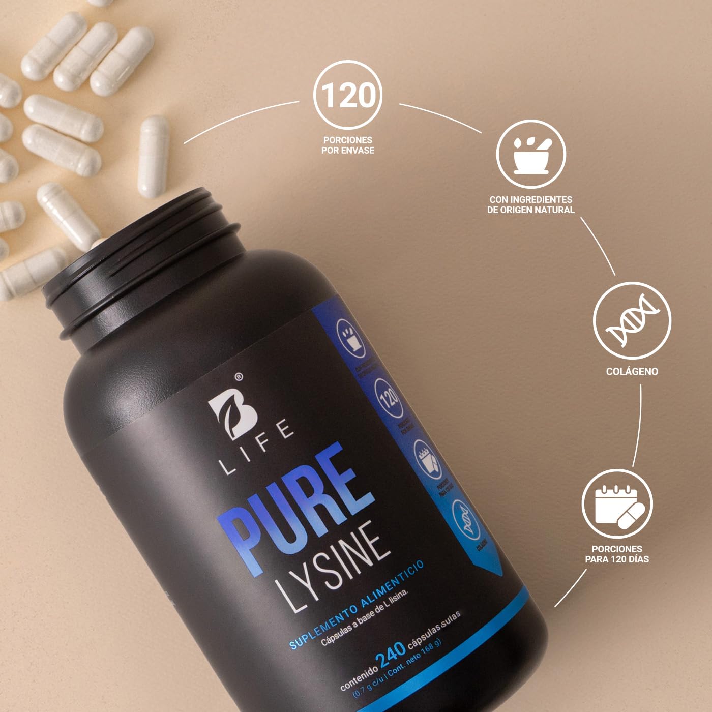 Lisina Pura de 240 cápsulas 1400 mg por porción. Aminoácido esencial. Ingredientes 100% Naturales. Pure Lysine B Life.