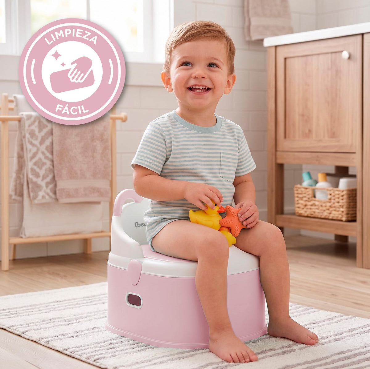 BEBBLY Bañito Entrenador Infantil 3 en 1, Bacinica, Asiento Reductor y Banco con Almacenamiento Antiderrapante para Niños de 6 Meses a 3 Años, Fácil de Limpiar, para Aprender a ir al Baño (Rosa)