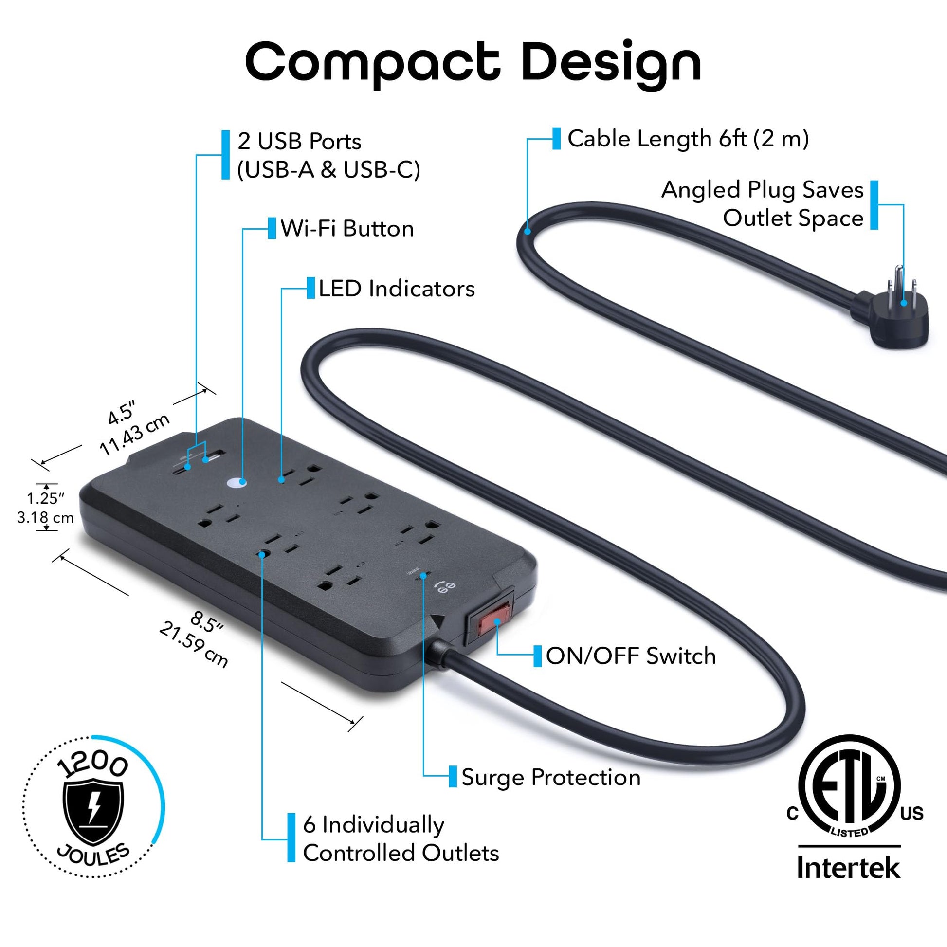 Geeni Surge Smart Power Strip, 6 tomacorrientes con 2 puertos USB, protección contra sobretensiones 12000J, monitoreo de energía, control de voz compatible con Alexa y Google Assistant, control remoto