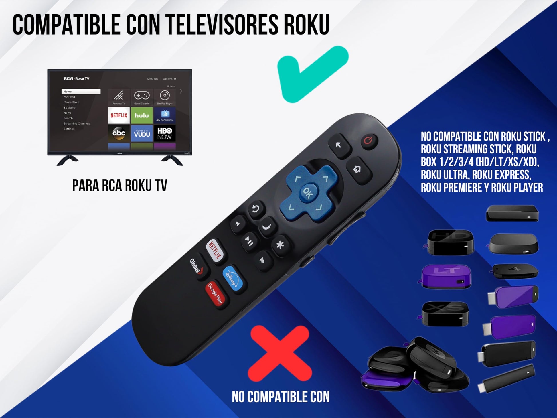 LIDERT Control Remoto Compatible con RCA Roku Smart TV Netflix Disney+ Google Play