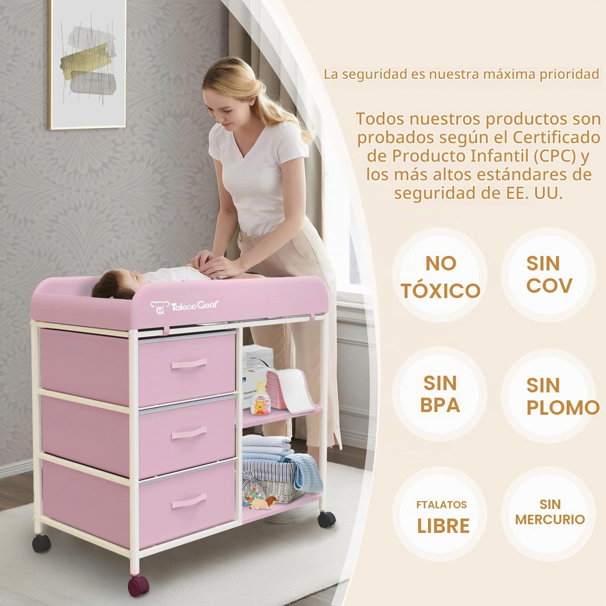 Mesa cambiadora para bebé, mesa cambiadora portátil, estación cambiadora de pañales con almohadilla impermeable, cómoda cambiadora con 3 cestas de almacenamiento, organizador móvil de guardería para