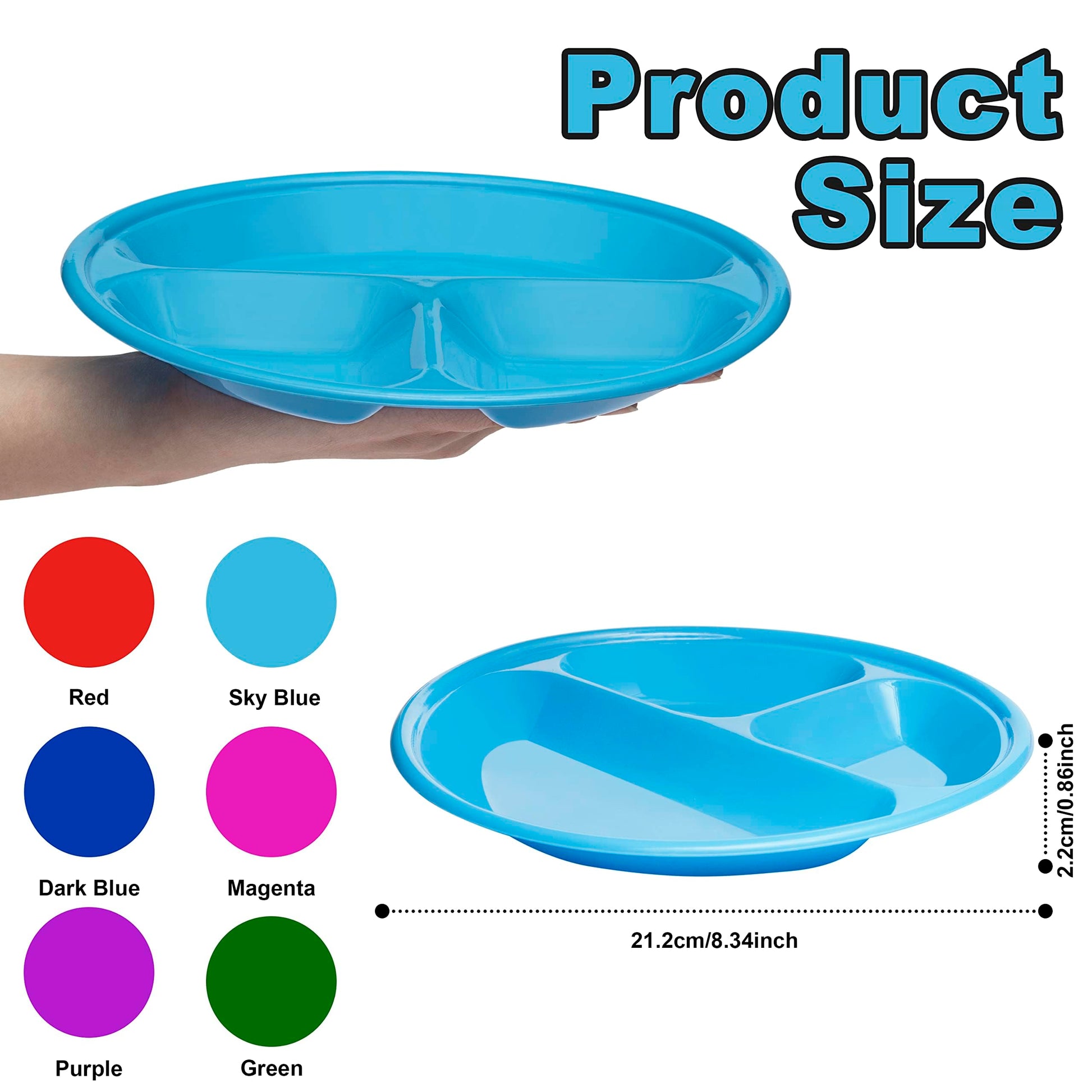 Klickpick Home - Juego de 12 platos divididos con 3 compartimentos para niños, bandejas de plástico para comer con 6 colores brillantes, 2 de cada color, aptos para lavaplatos y microondas, sin BPA