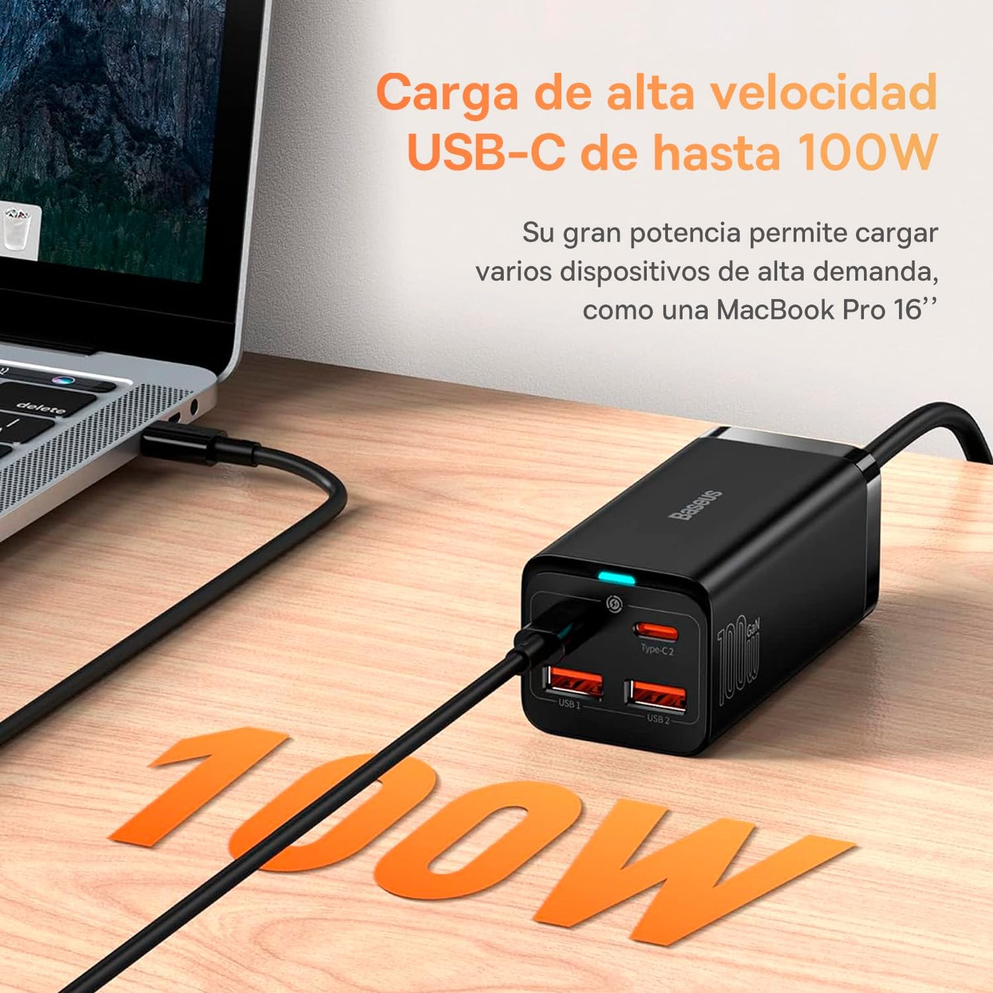 Baseus Cargador USB C,100W GaN3 Pro Cargador Multipuertos,de Escritorio con 2 entradas USB+2 Tipo C de Carga rápida 100W Compatible con MacBook Pro iPhone 15, Galaxy S24, iPad Pro, Notebook, Tablet